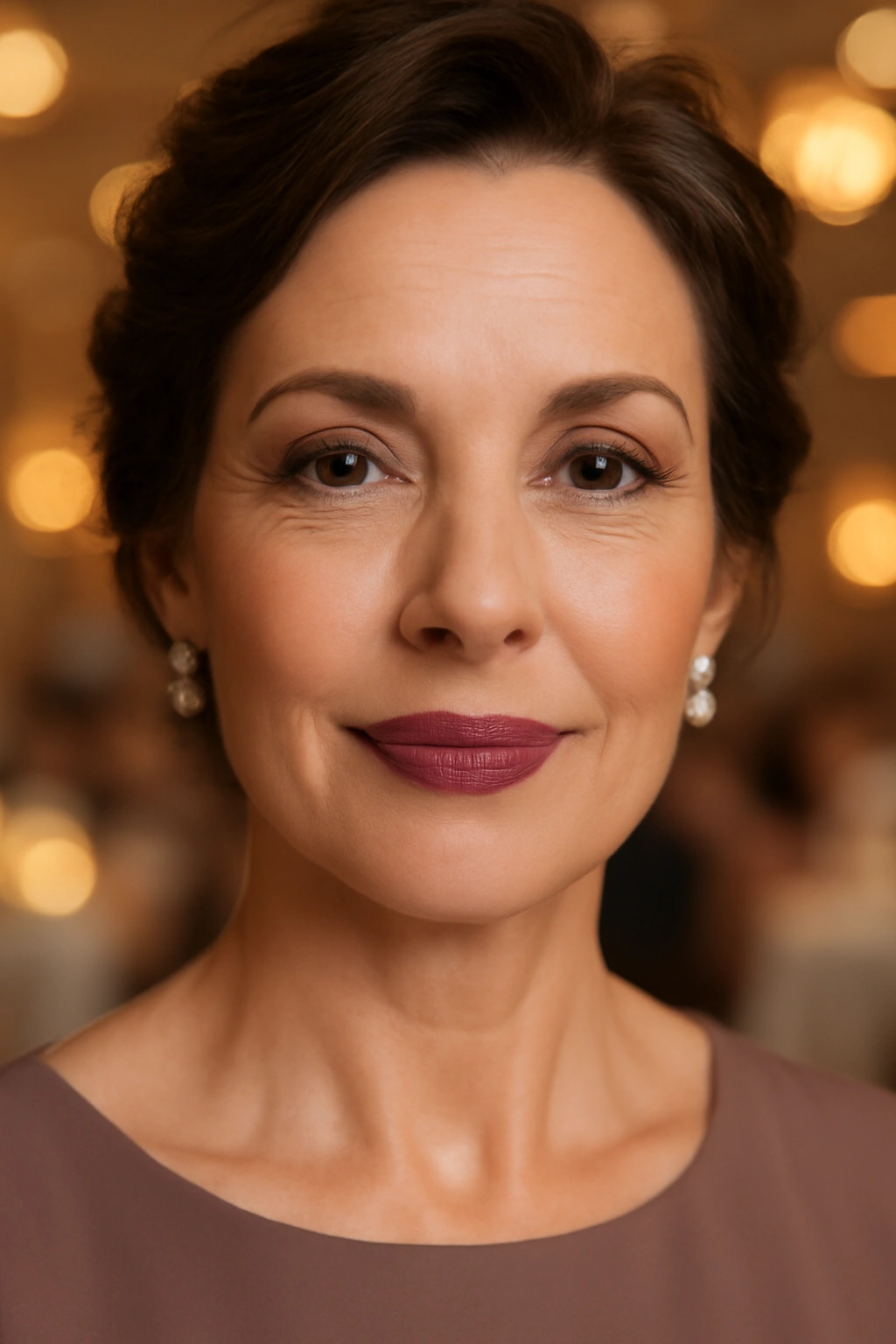 Elegant soft plum lip color on a mother of the bride with a sophisticated finish