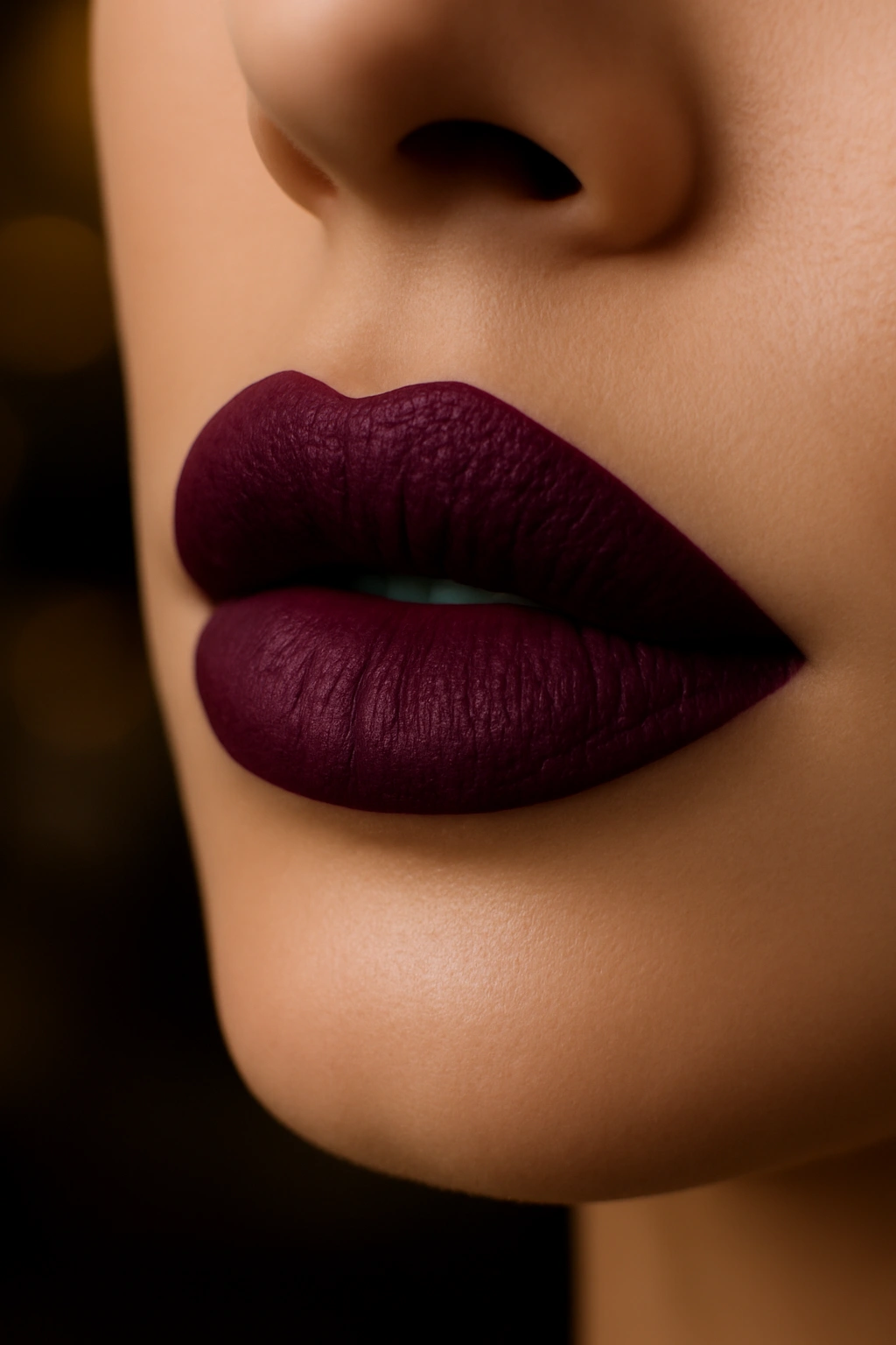 Close up of a woman wearing deep plum lipstick for an elegant evening wedding look