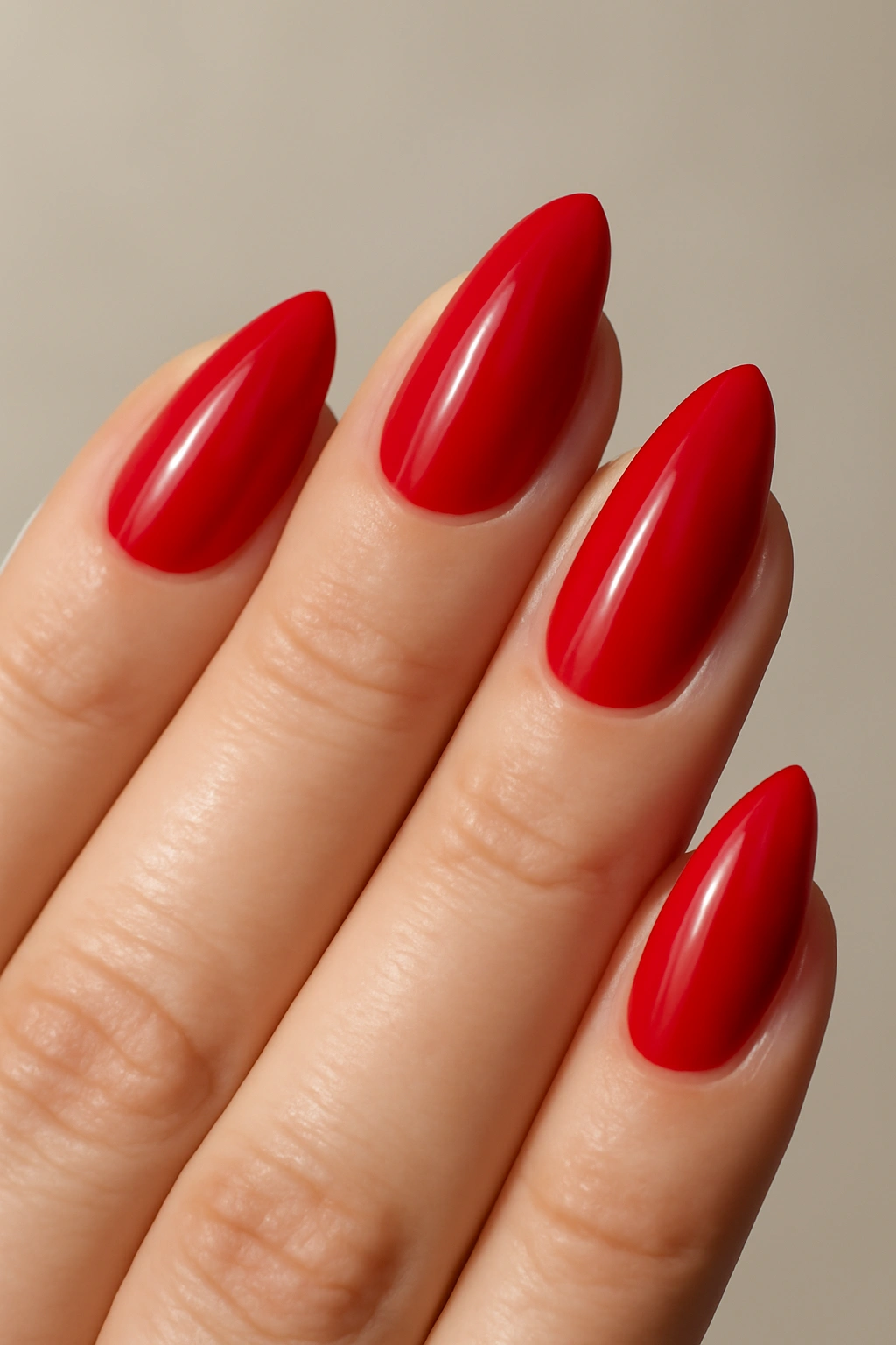Pointed oval nails with red glossy polish on a hand with wider fingers.