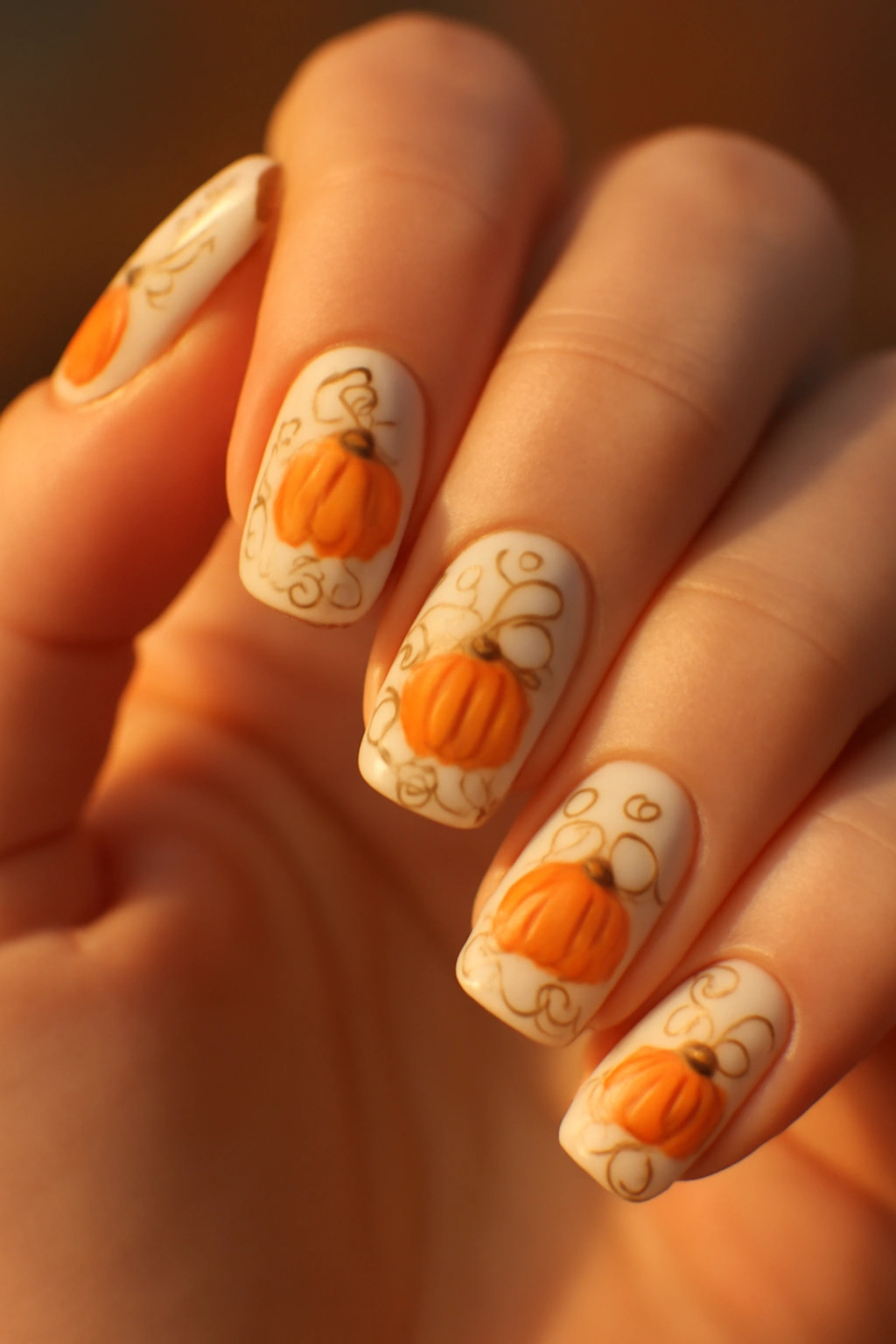 Miniature orange pumpkin nail art with gold metallic accents on neutral polish