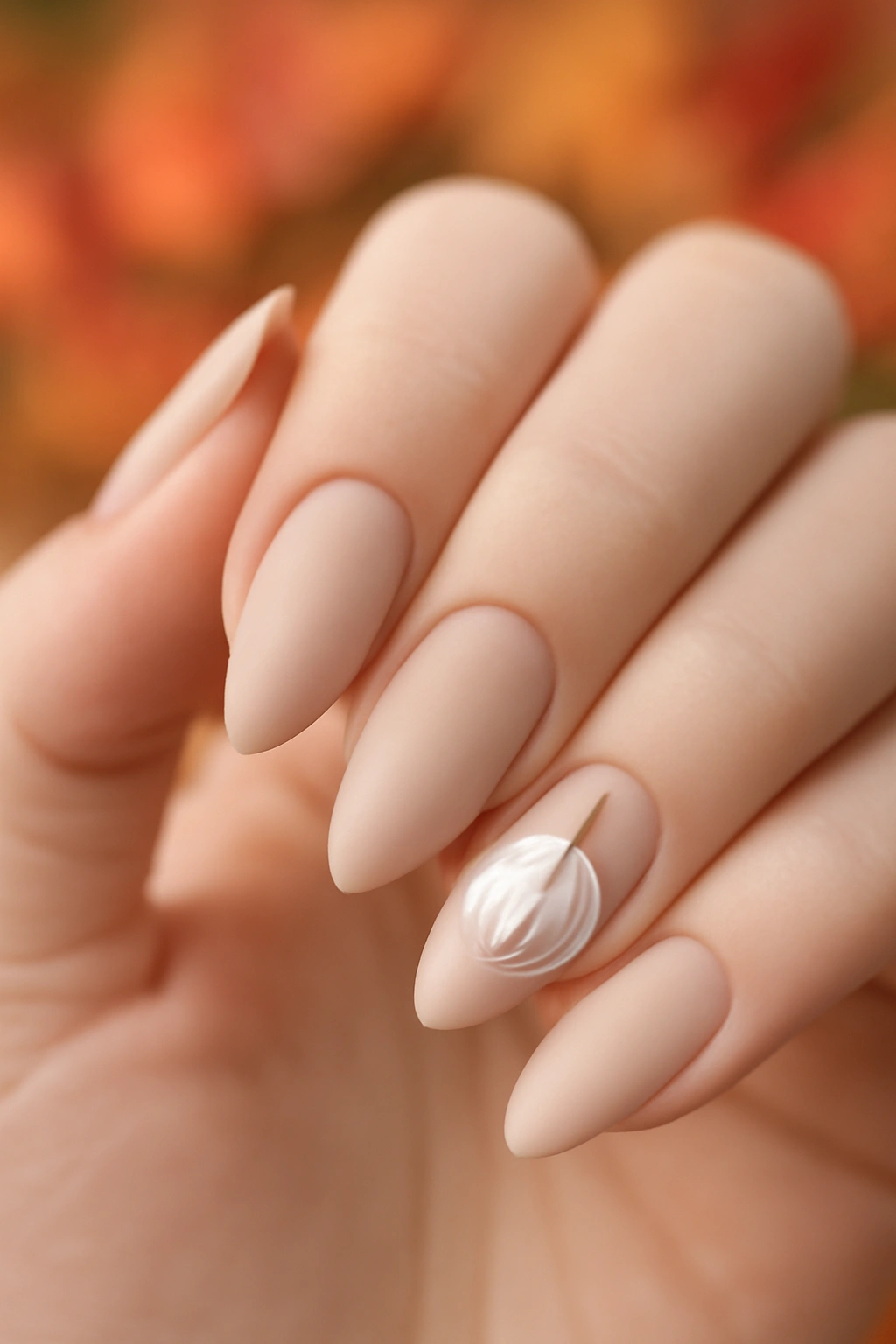 Neutral nails featuring a delicate hand-painted white pumpkin accent on one finger.