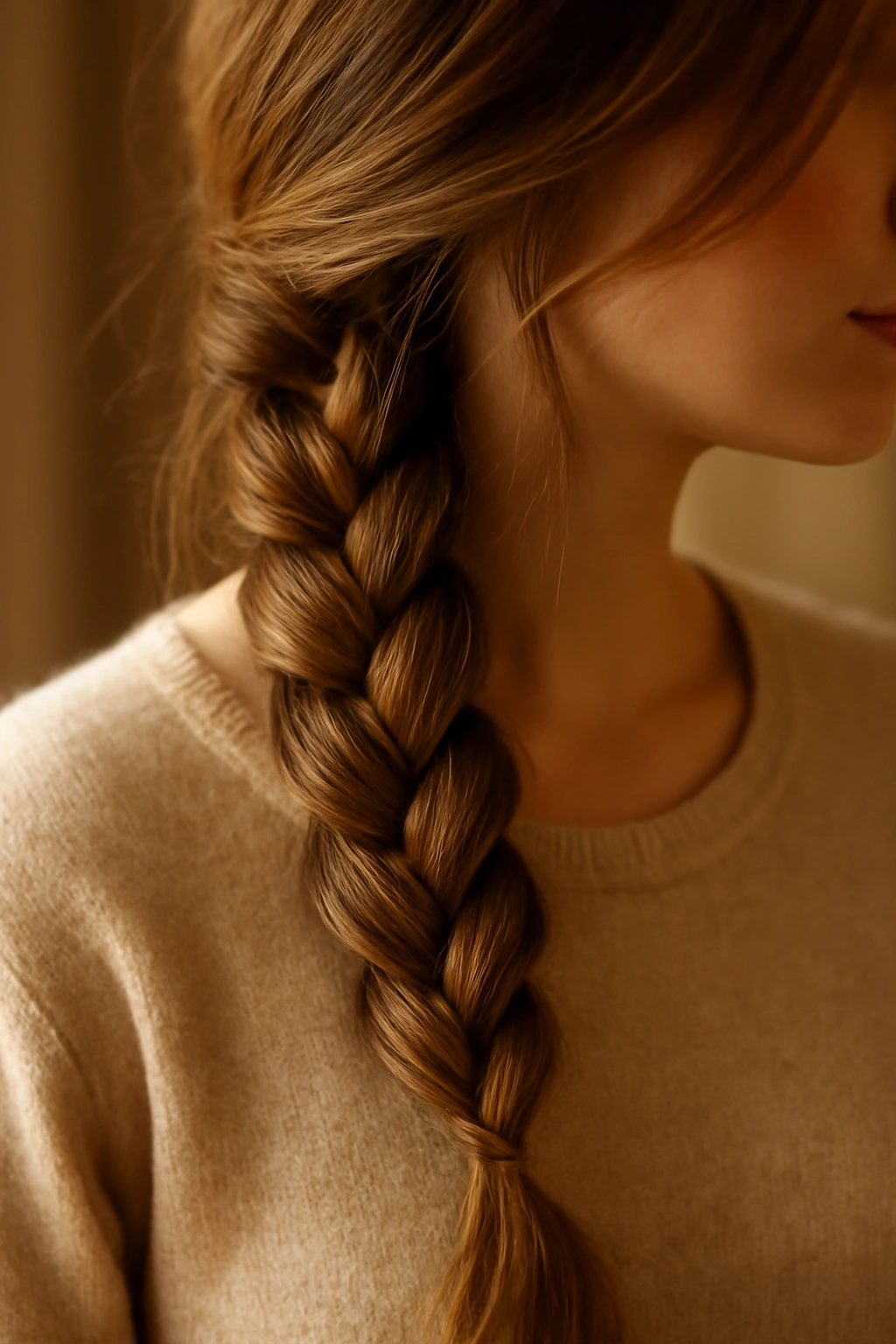 A relaxed three-strand side braid with thick voluminous hair draped over a shoulder