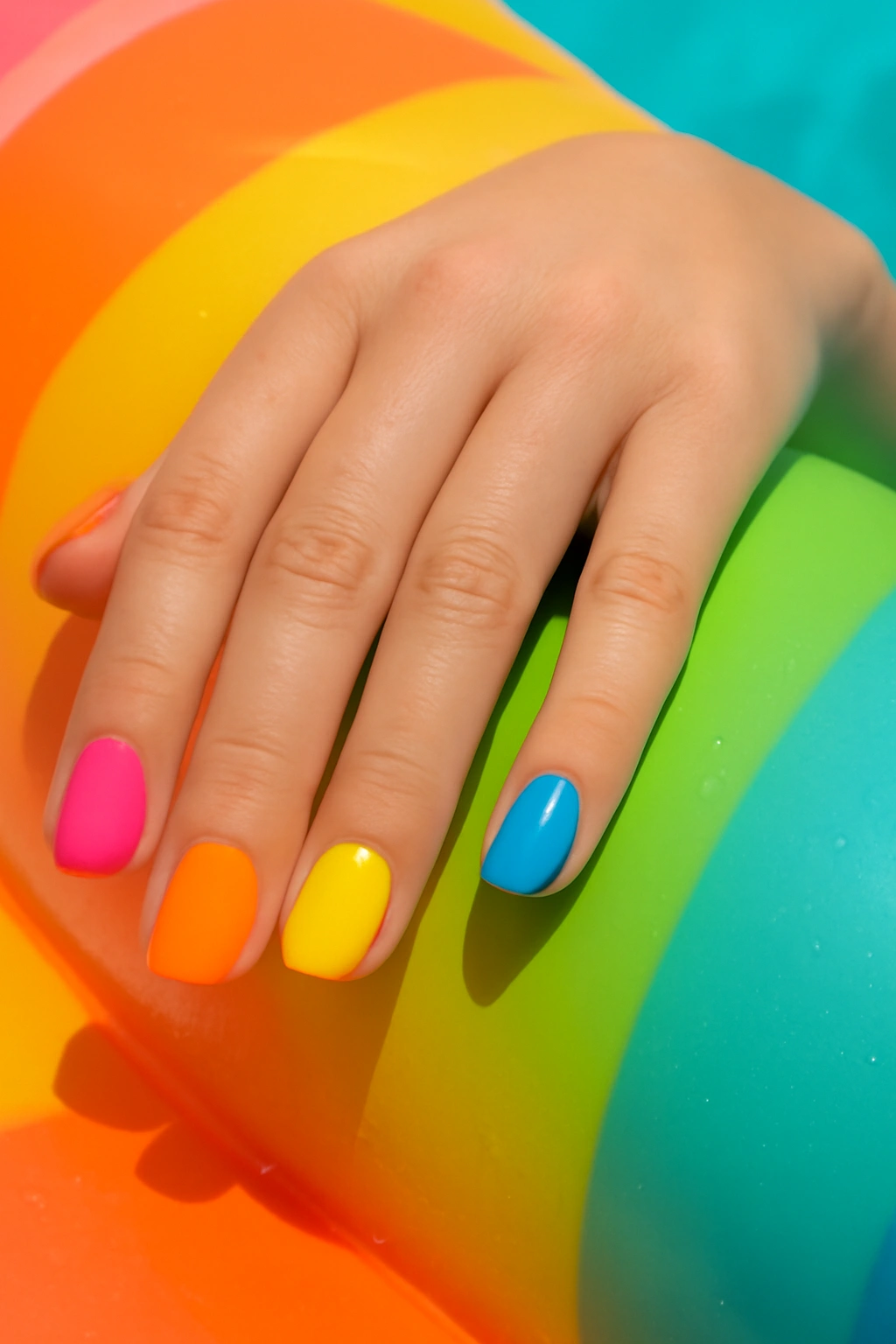 Colorful rainbow manicure with different neon shades on each finger.