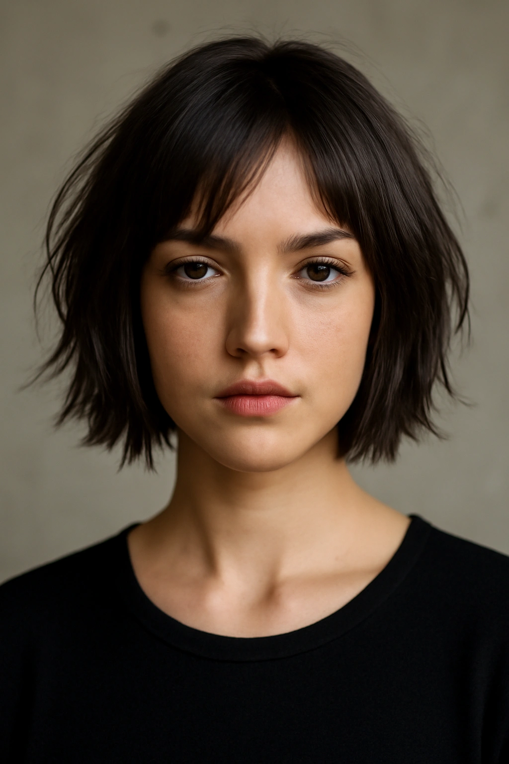 Razor-cut bob with wispy edges and dynamic movement.