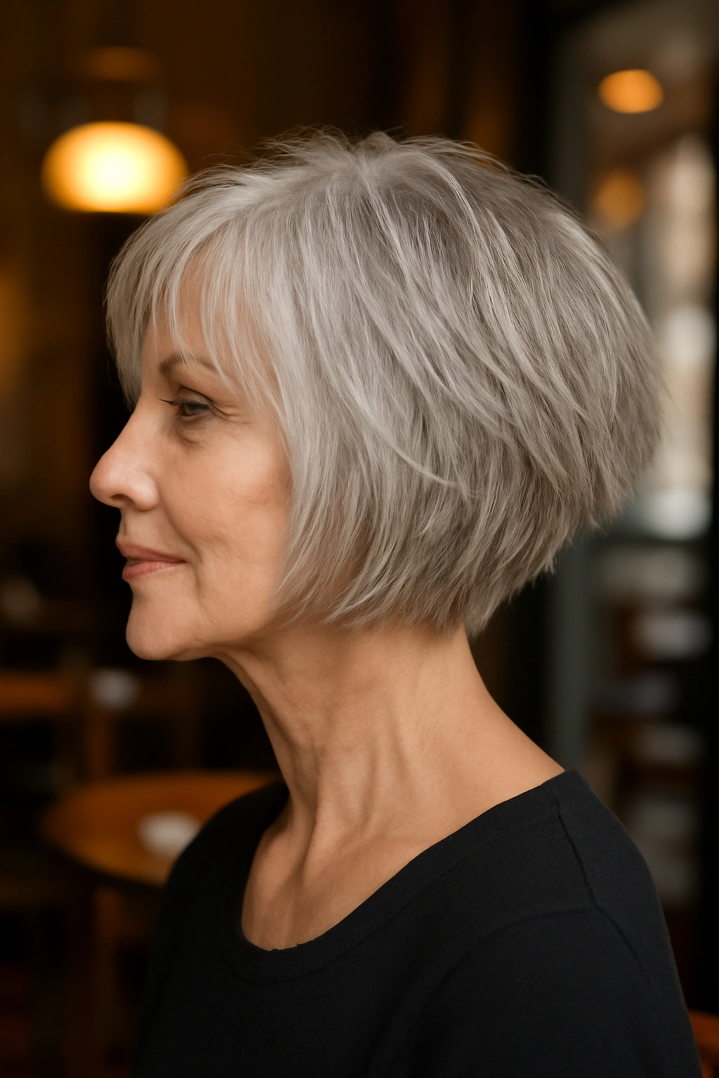 Textured razored cut bob with sharp ends on a woman over 70.