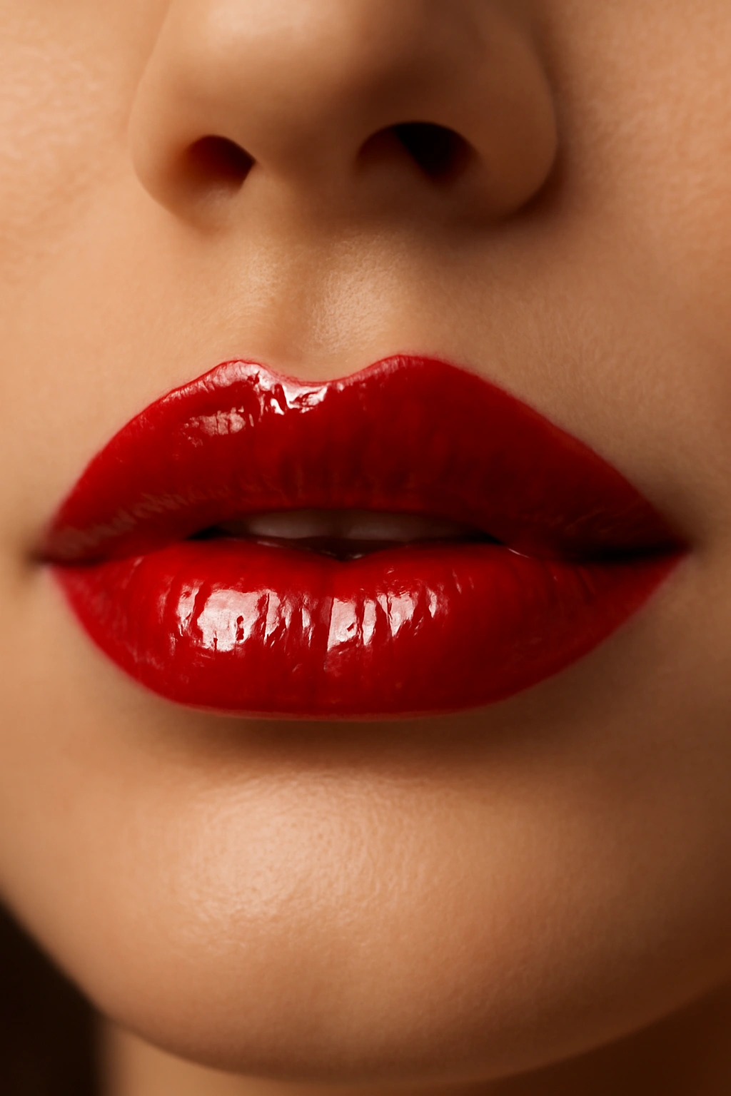 Close-up of glossy red lip lacquer on lips with high shine