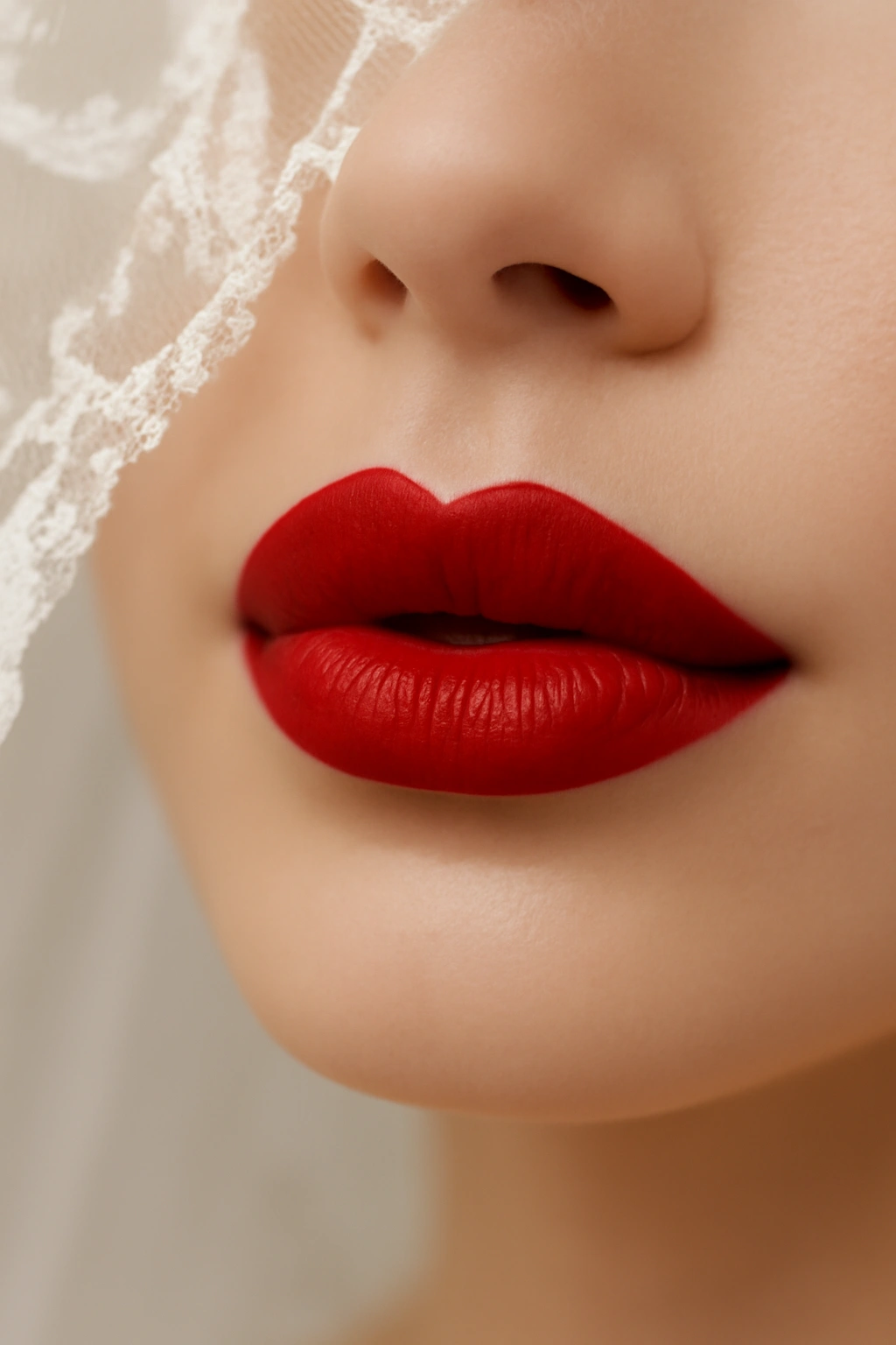 Extreme close up of a bride wearing bold classic red lipstick with a matte finish