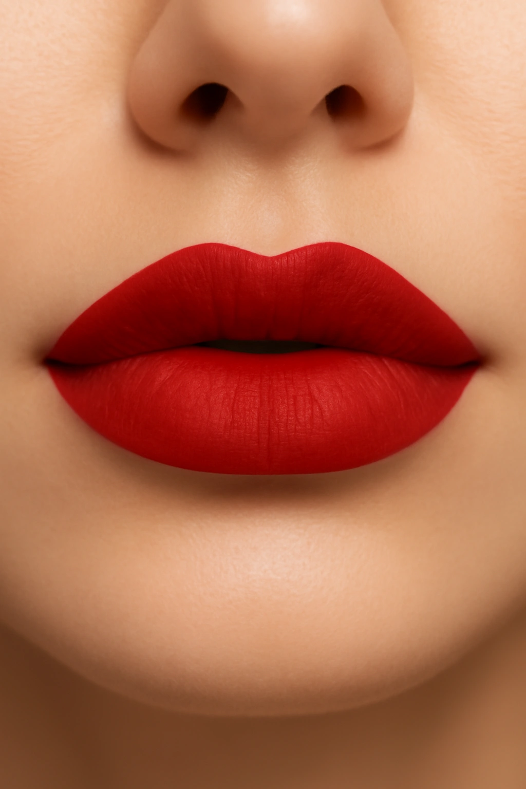 Close-up of elegant red lipstick with a creamy matte finish for a wedding guest look