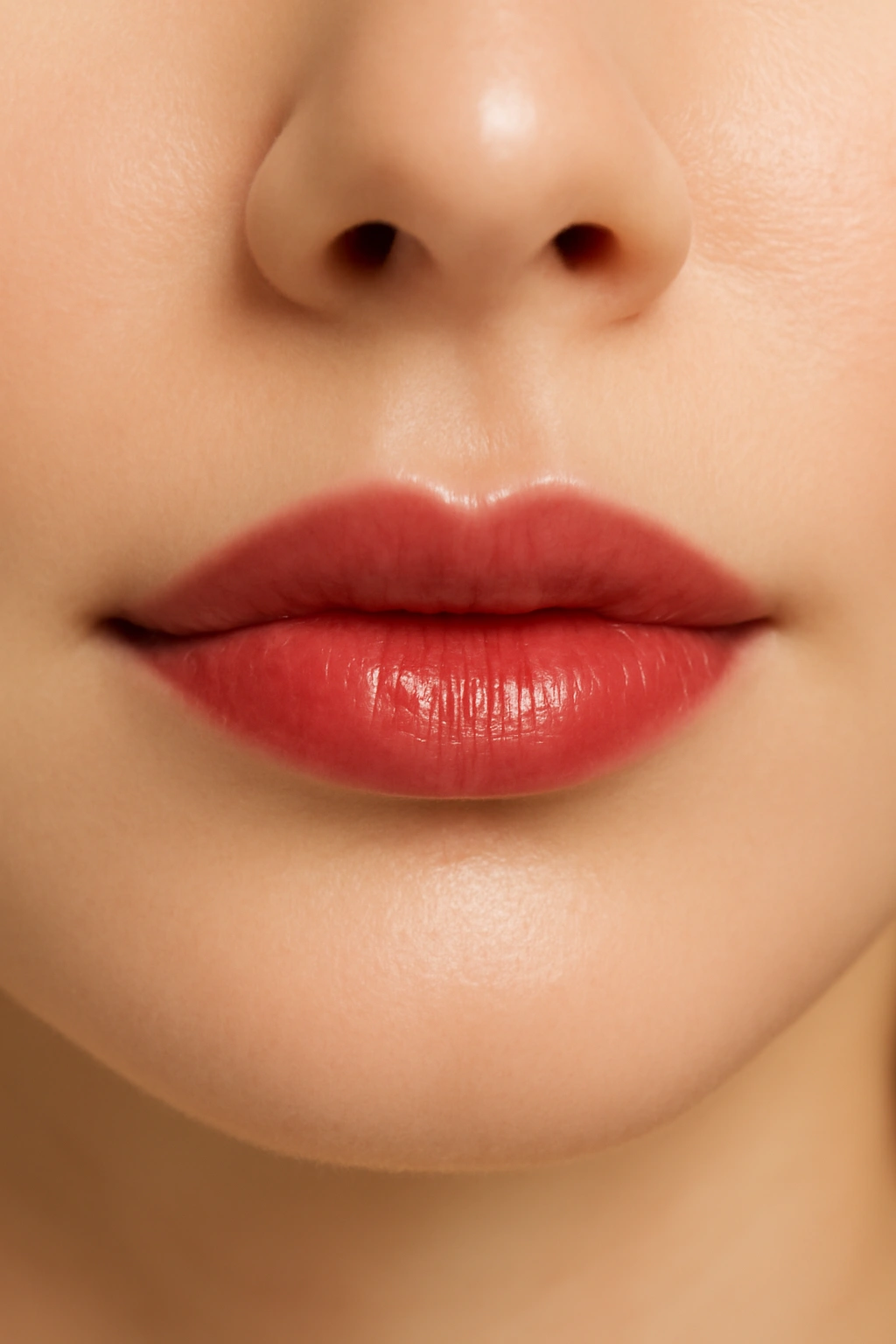 Sheer classic red lipstick with a glossy finish for elegant lip makeup.