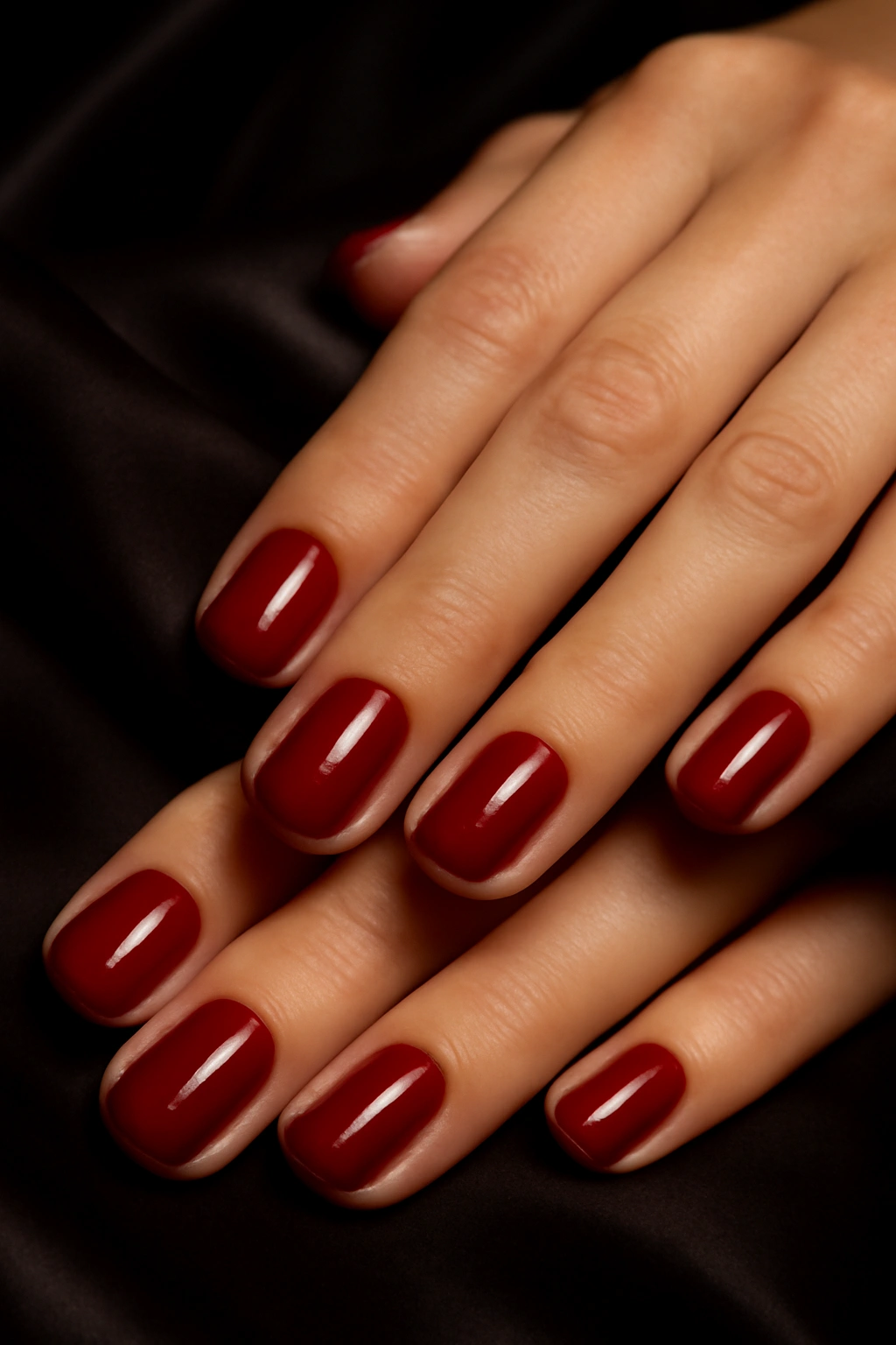 Short classy red nails with a high-gloss finish on elegant hands for a glamorous look.