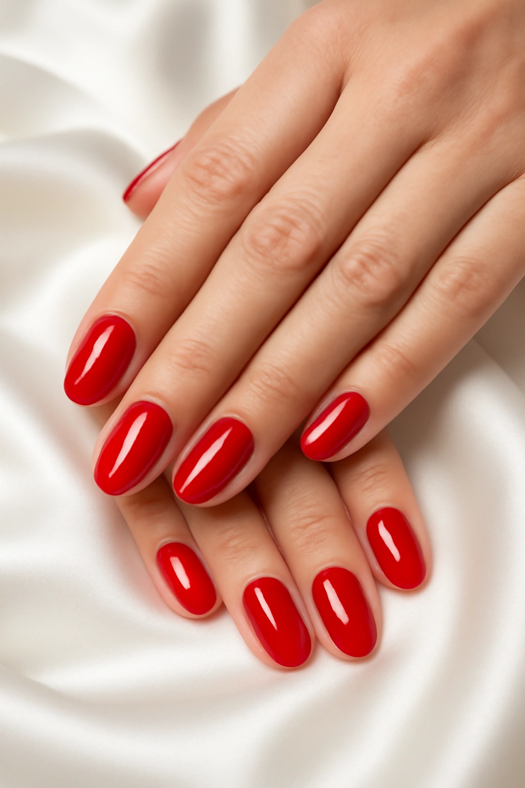 Close up of elegant hands with classic red glossy nail polish