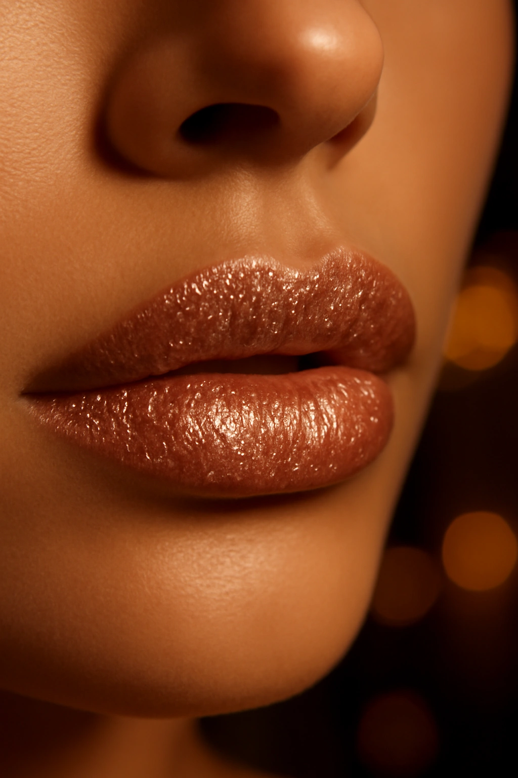 Shimmering rose gold lipstick with metallic finish for a festive evening wedding celebration
