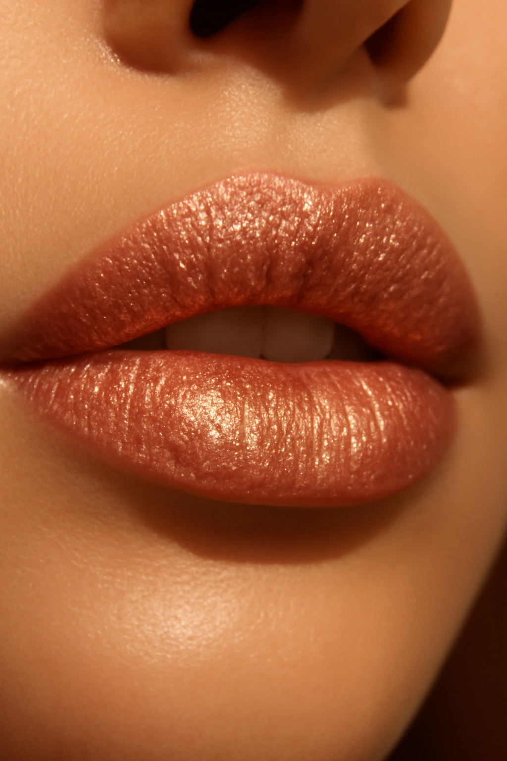 Shimmering rose gold lipstick on a bride with a luxurious metallic finish.