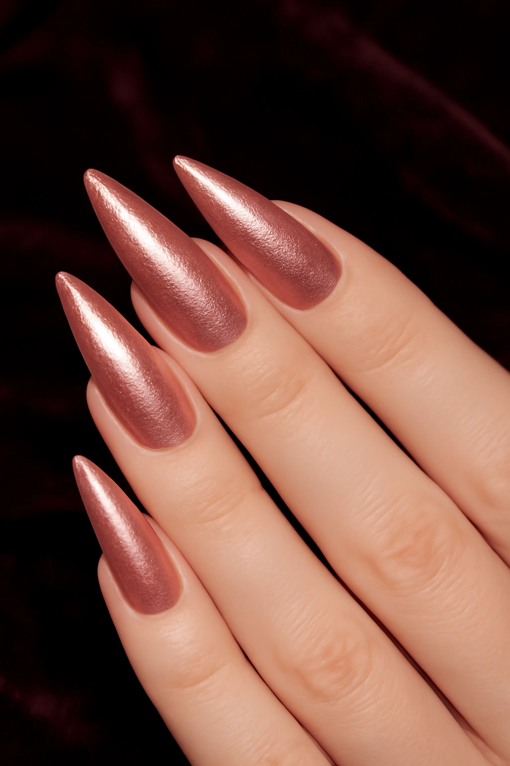 Shimmering rose gold metallic nail polish on long stiletto nails for fair skin