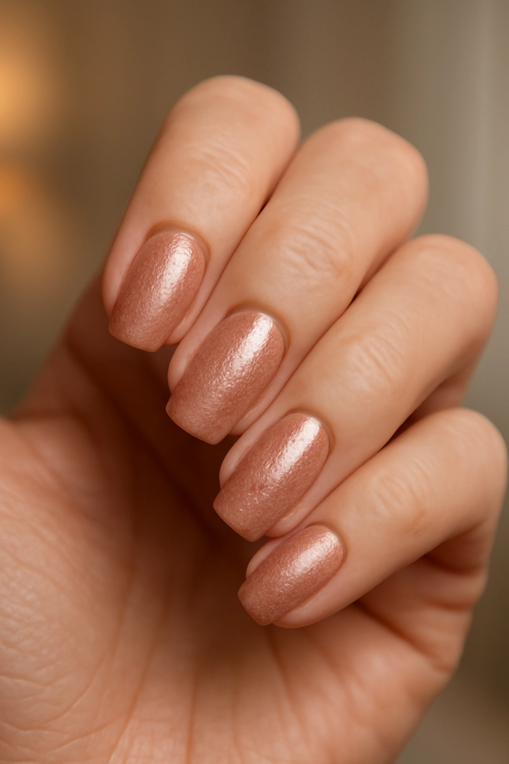 Rose gold shimmer nail polish on a soft focus background.
