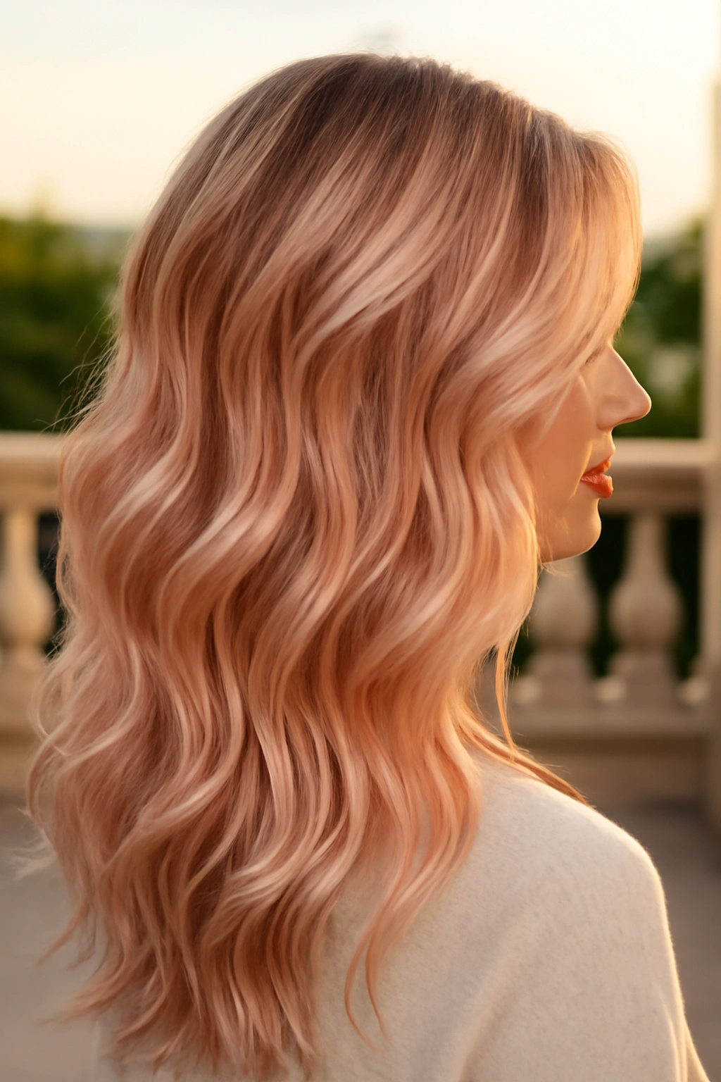 Romantic rose gold balayage with soft pink and gold highlights on blonde wavy hair.
