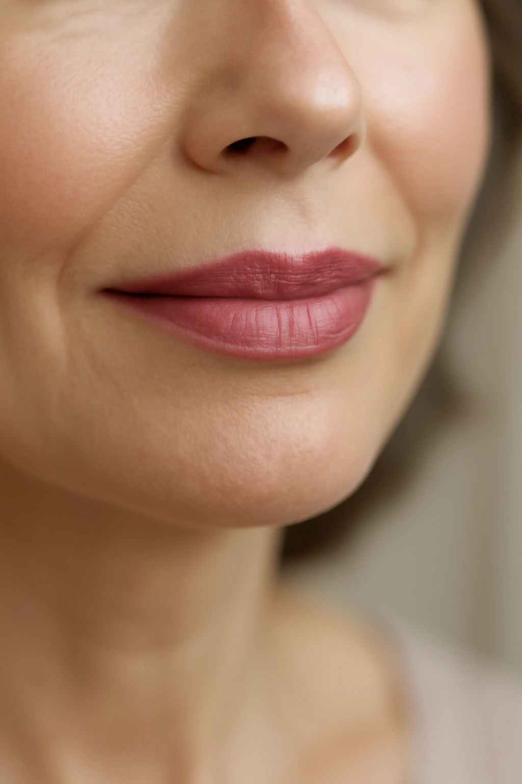 Close up of soft rose pink lipstick on a smiling mature woman's lips