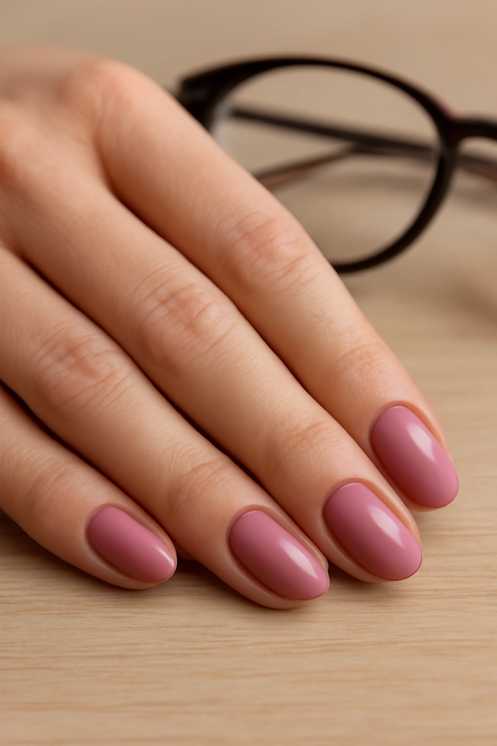 A teacher's hand with muted rose pink manicured nails resting on a wooden desk.