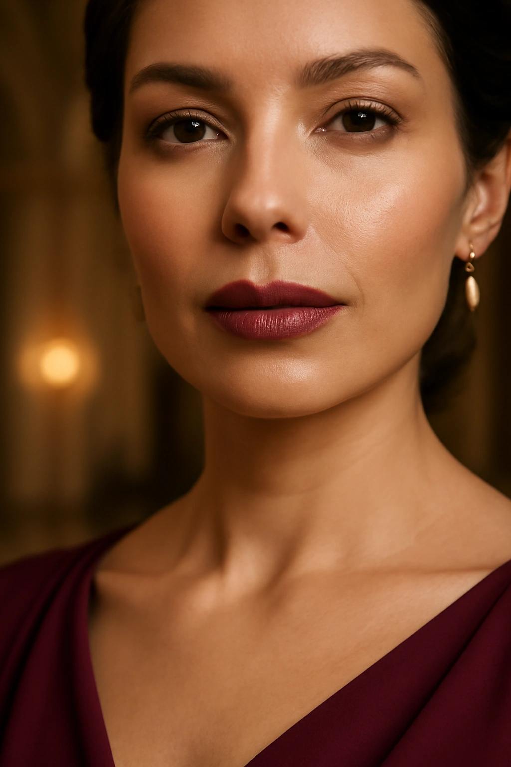 Rich rosewood lipstick shade on a sophisticated woman for a formal wedding