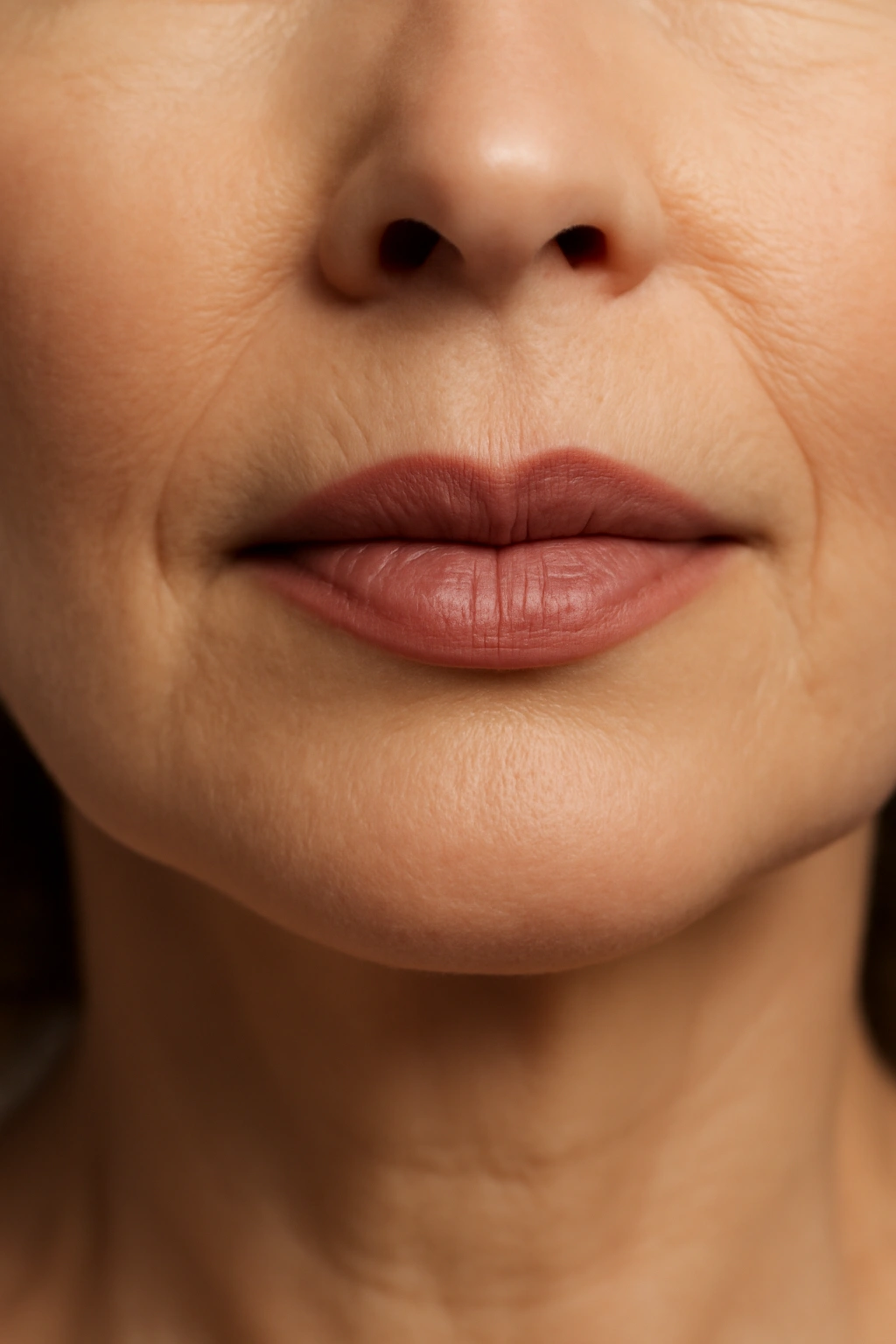 Close up of a woman wearing a sophisticated rosy brown lipstick shade.