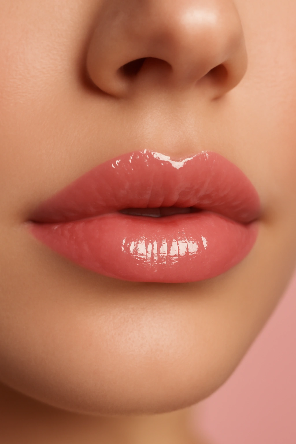 Rosy pink gloss on lips with bright reflective shine.