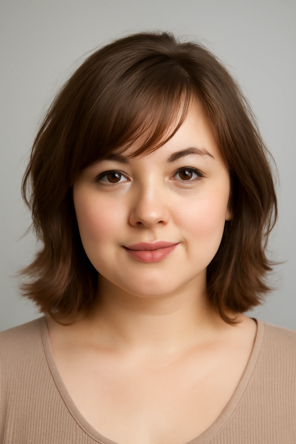 Side swept wispy bangs on a woman with a round face to elongate features