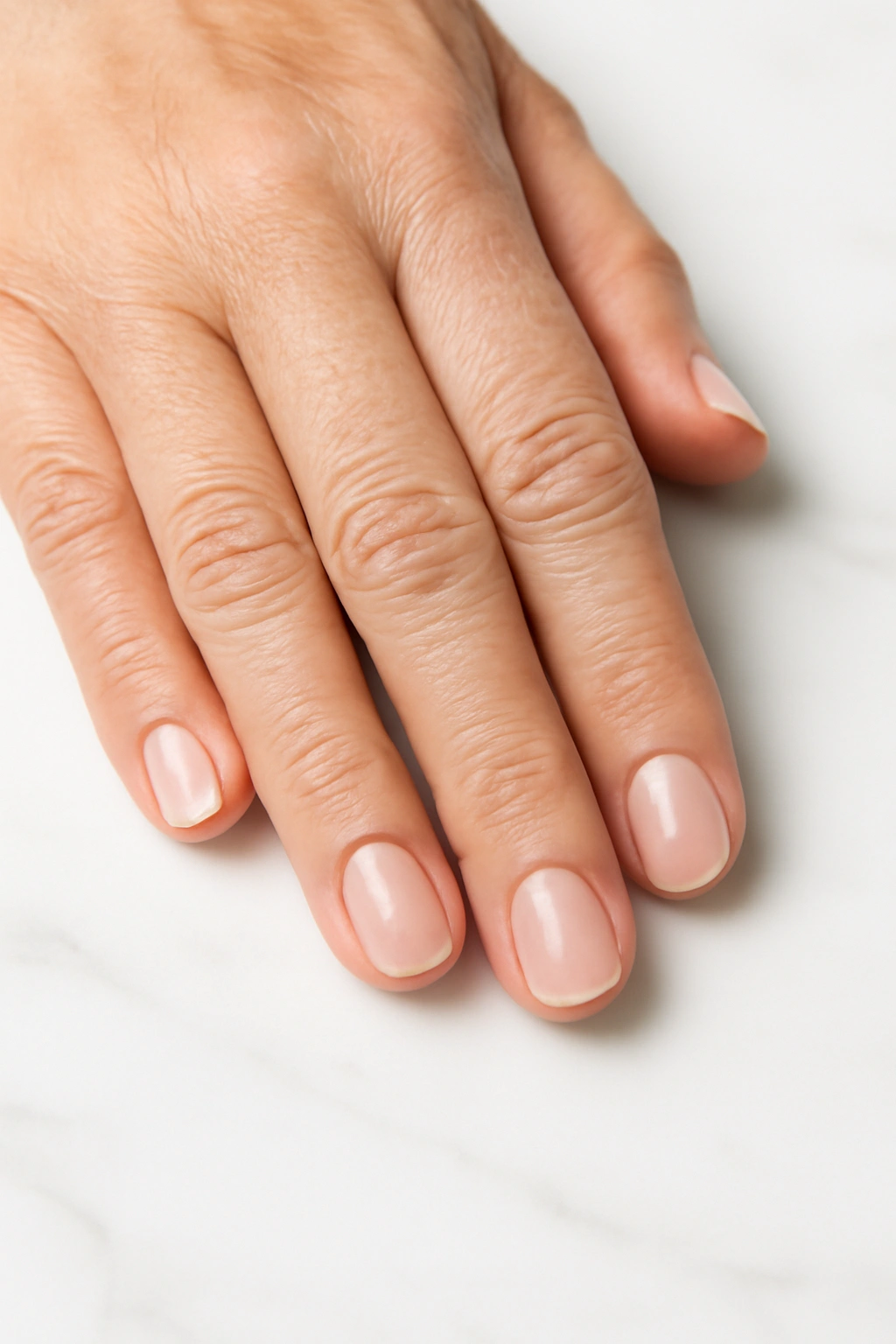 Chic round nails with a clear gloss finish on a well-groomed mature hand.