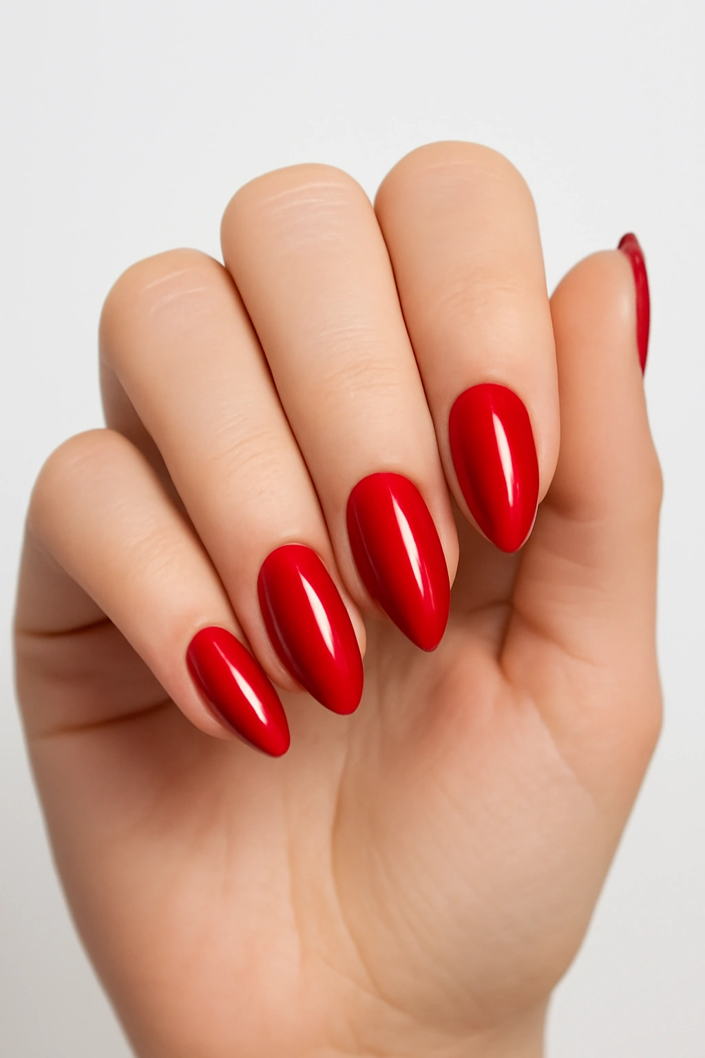 Red rounded almond nails on small hands showing a soft tapered point and elegant finish.