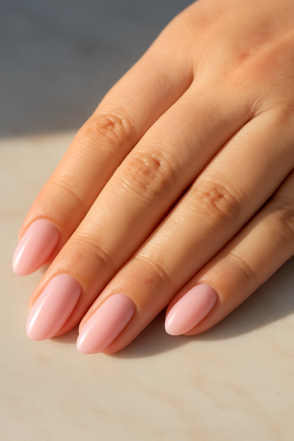 Rounded almond nails with glossy pink polish on fuller hands, providing a practical yet slimming effect.