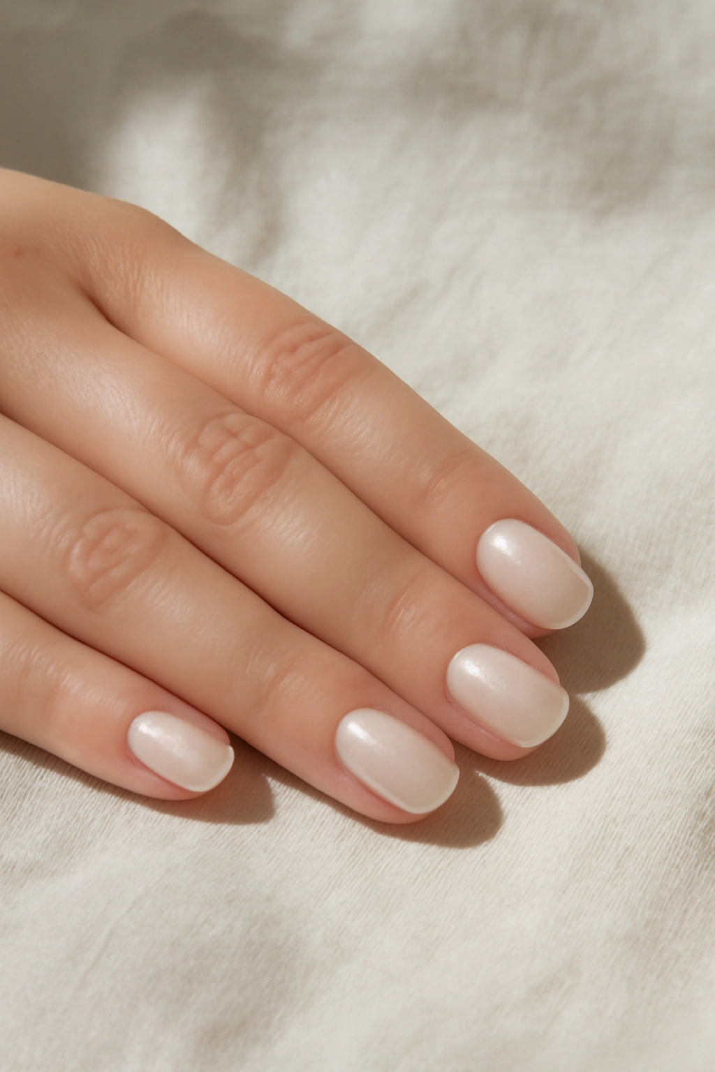 Short rounded nails with pearl polish on a wider hand following natural fingertip curves.