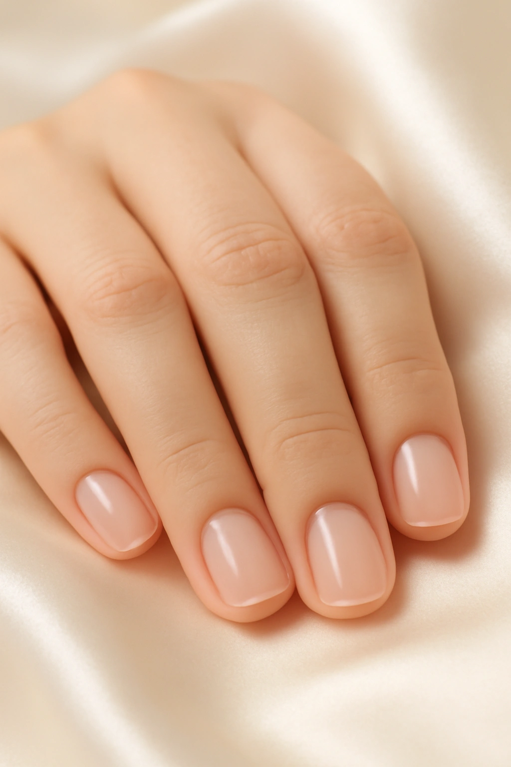 Natural rounded shape nails on small hands with clear gloss.