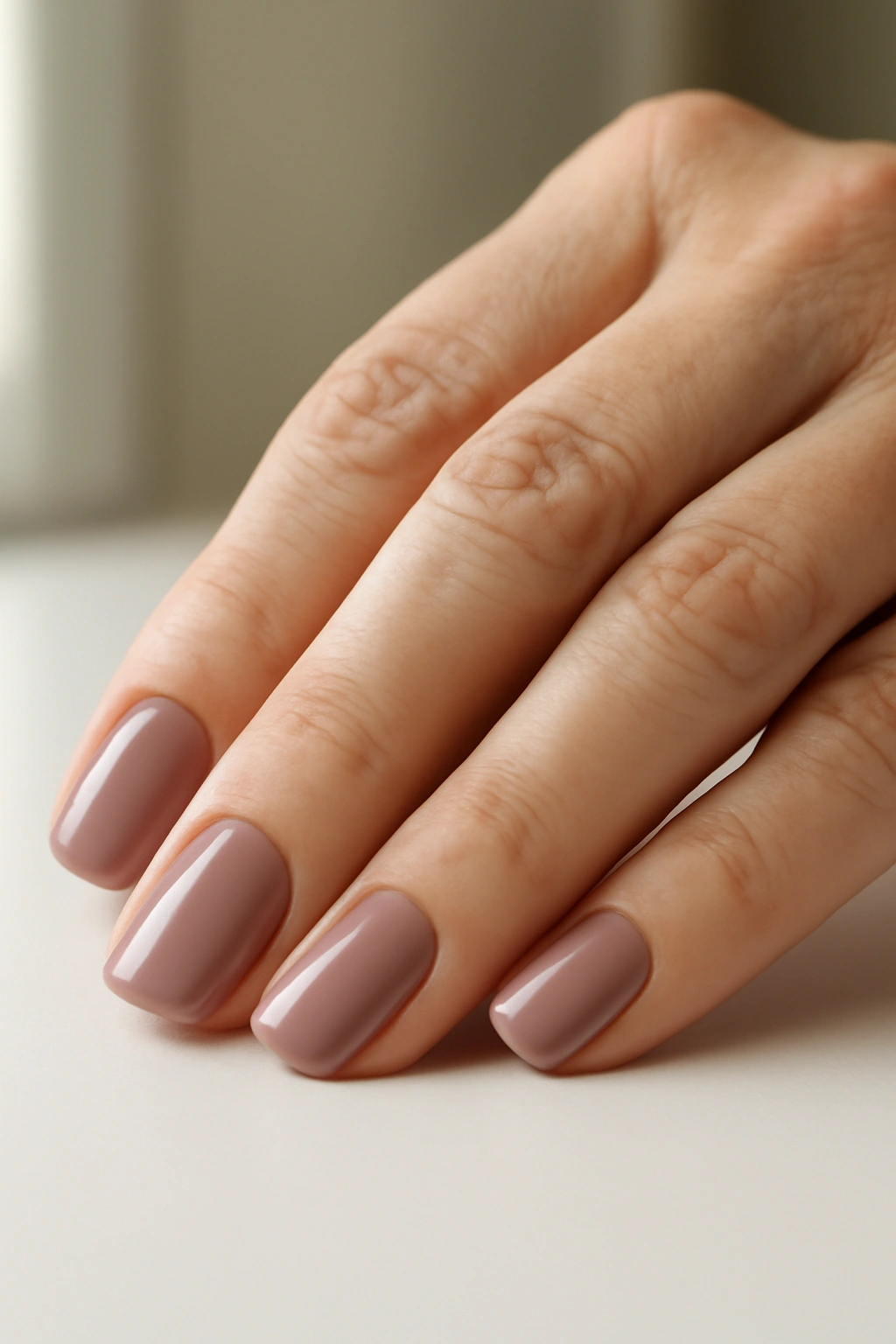 Close up of rounded square nails with mauve polish on a mature hand