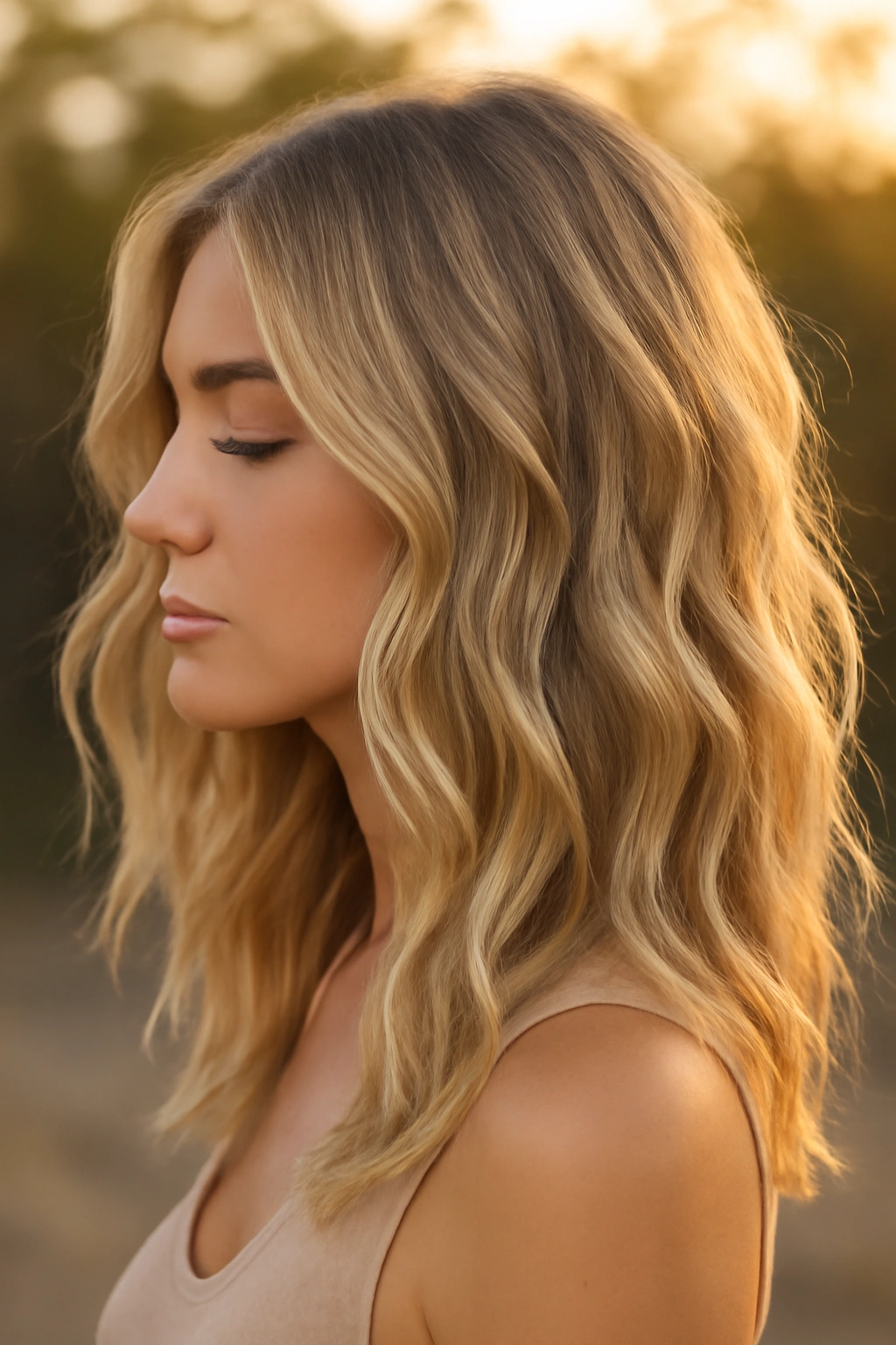 Woman with sandy blonde beach waves, showing a textured sun-kissed look in natural golden hour light.
