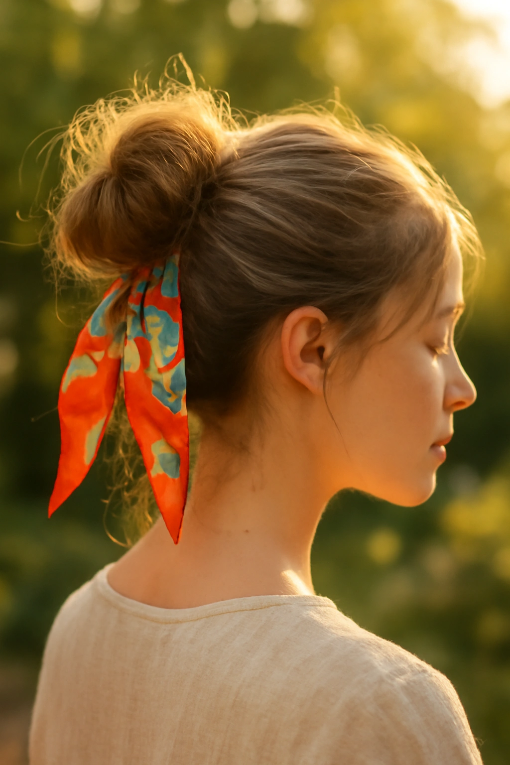 Messy bun accessorized with a colorful floral silk scarf tied in a bow