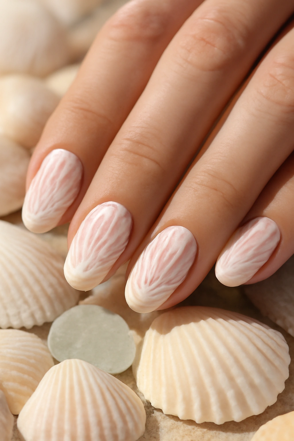 Close up of seashell nail design with pearlescent finish on beige background.