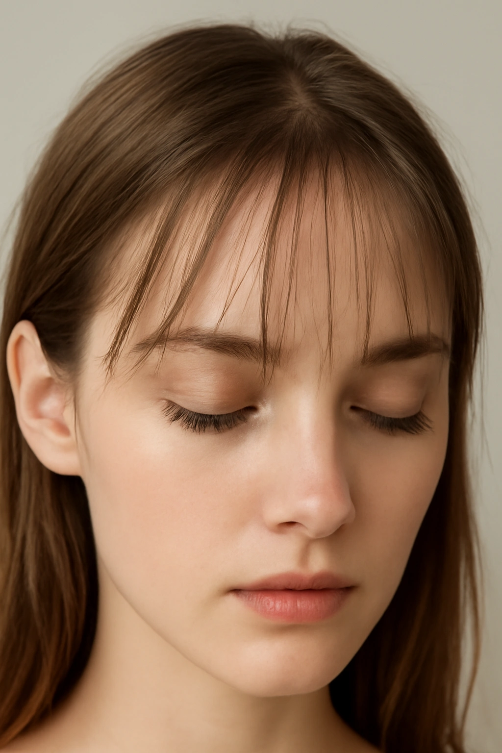 Close up of a woman with transparent and airy see-through wispy bangs.