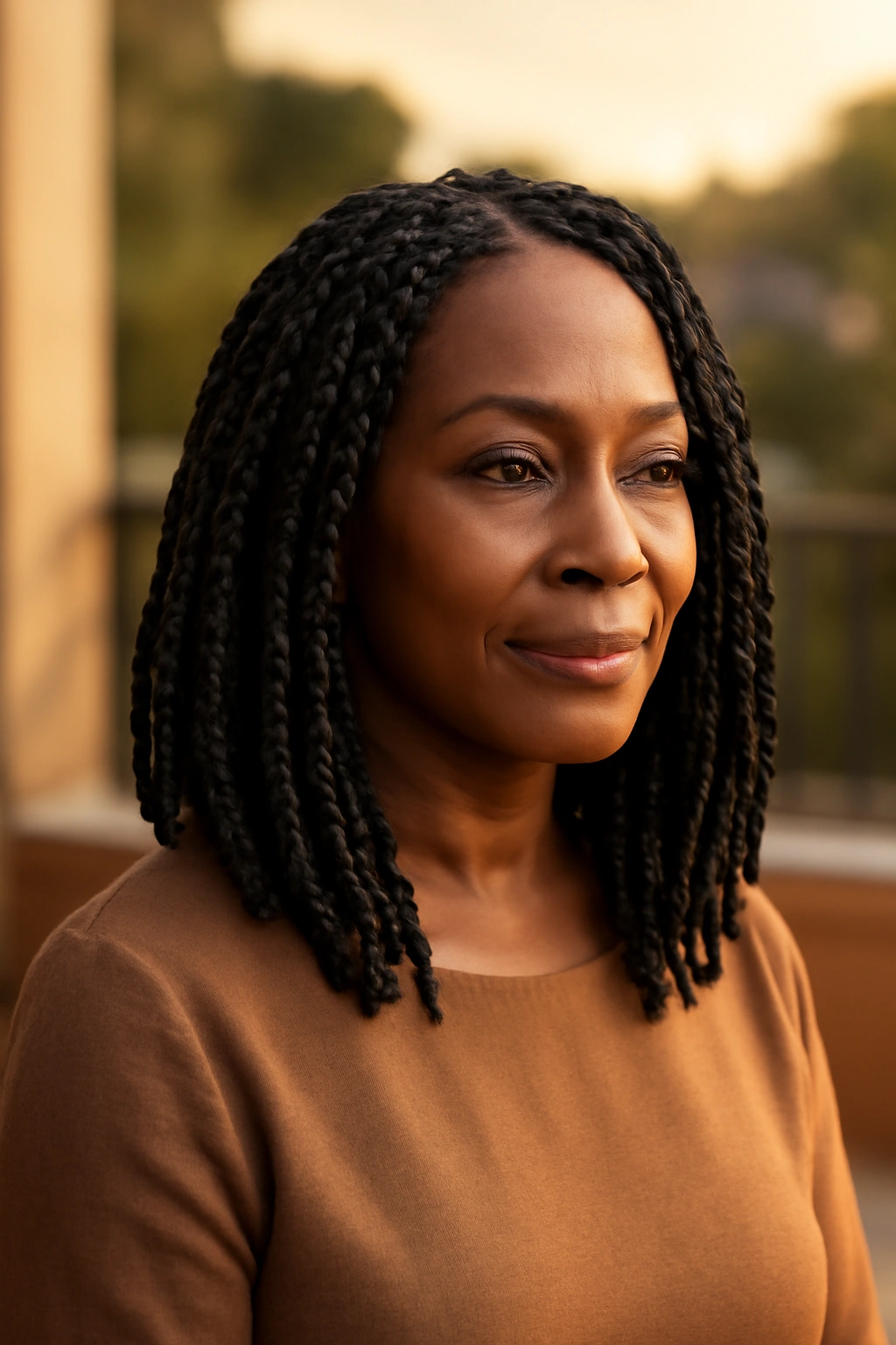 Shoulder-length Senegalese twists on a black woman over 50 during golden hour