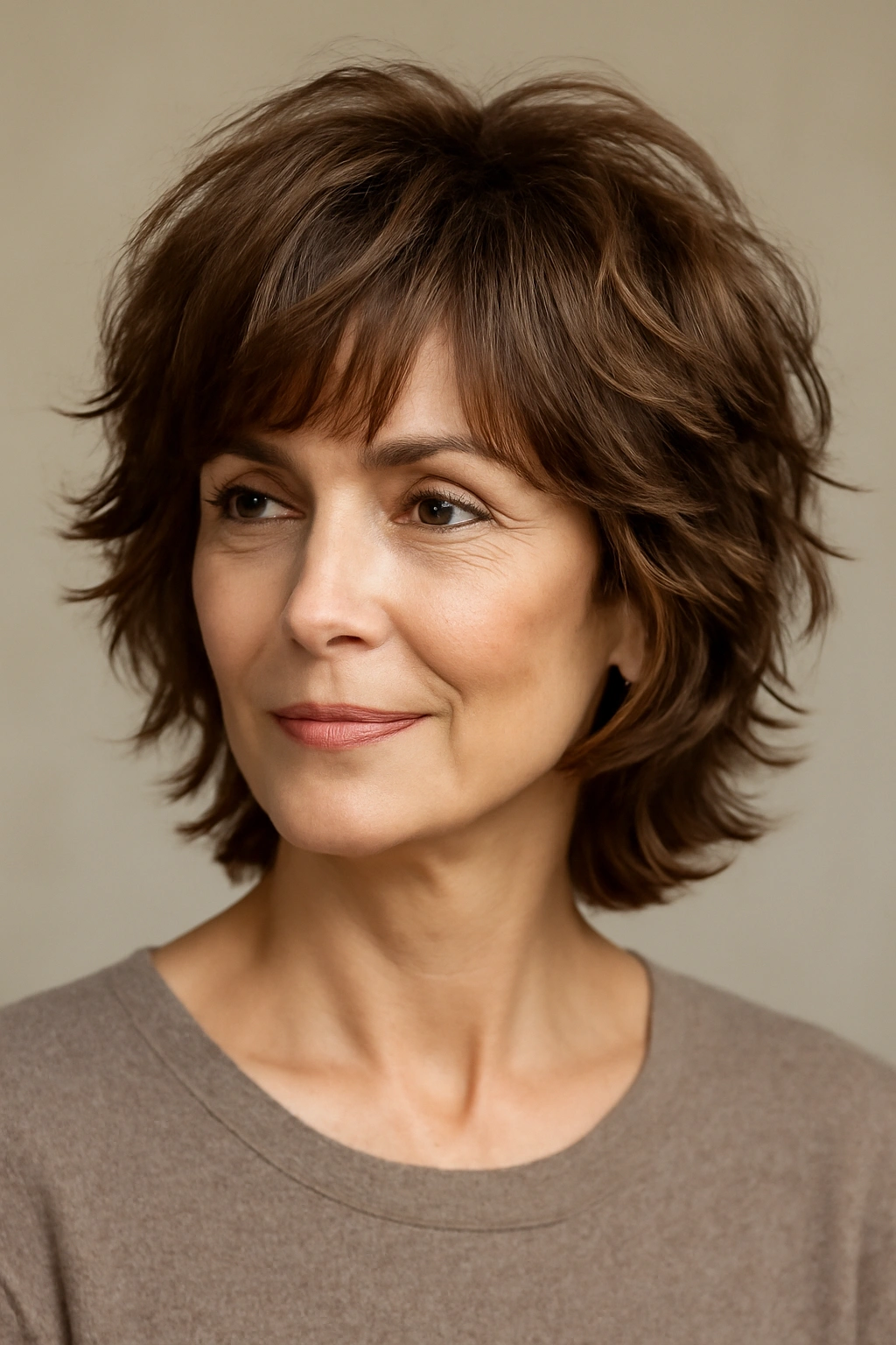 Portrait of a woman with a shag cut featuring feathered layers and natural waves.