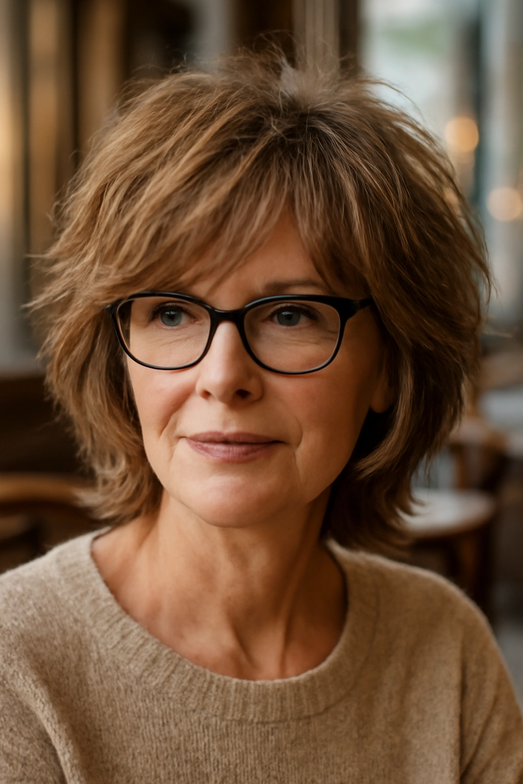 Close up of a woman over 50 with glasses and a textured shag haircut