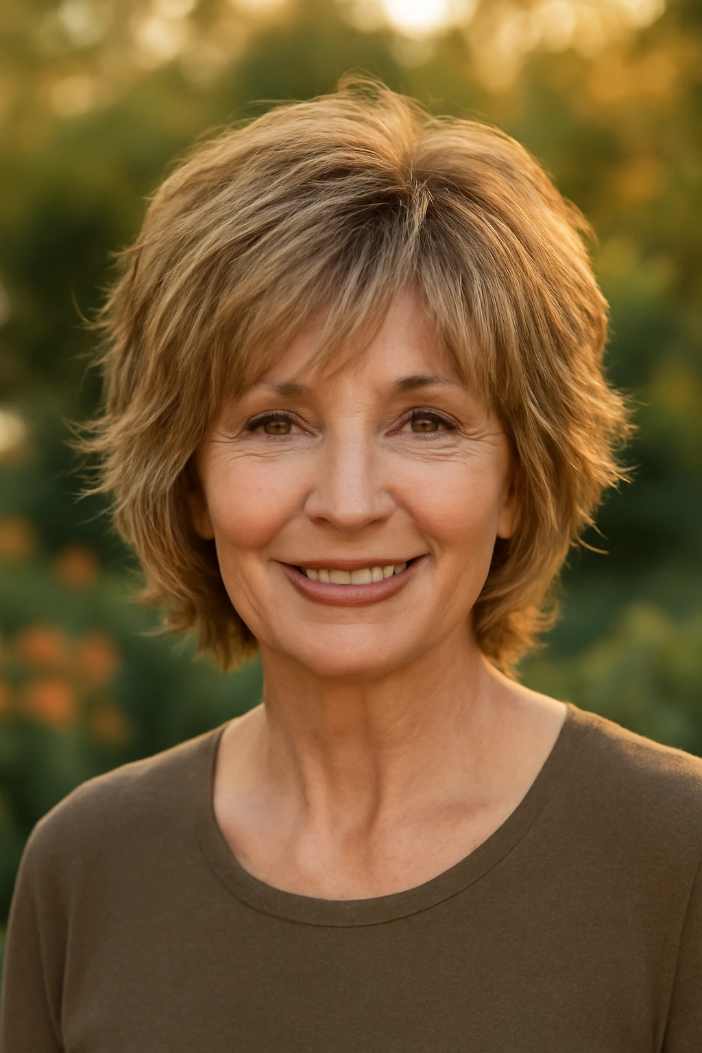 Modern short shag cut with choppy layers on woman over 70