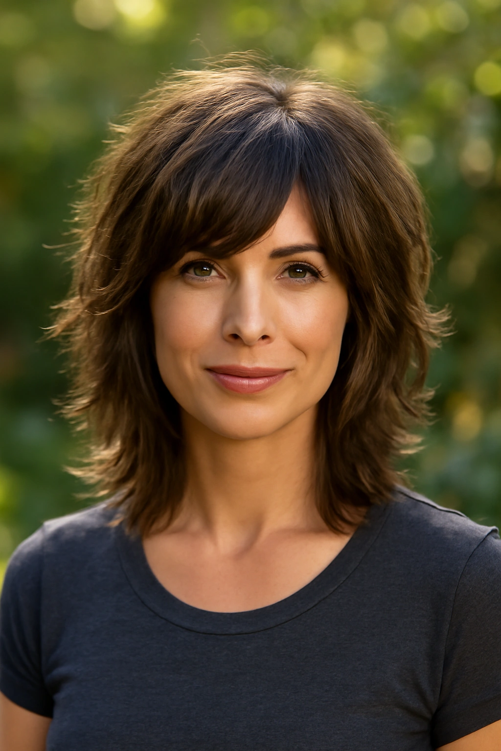A woman over 40 sporting a modern shag haircut with wavy layers and face-framing texture