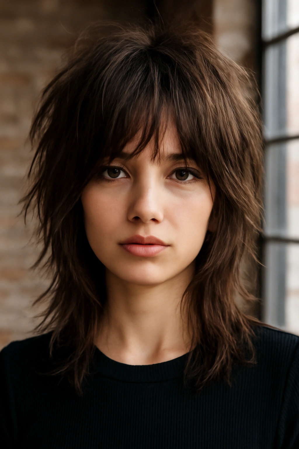 Edgy shag haircut with textured layers and thin wispy bangs for a modern look
