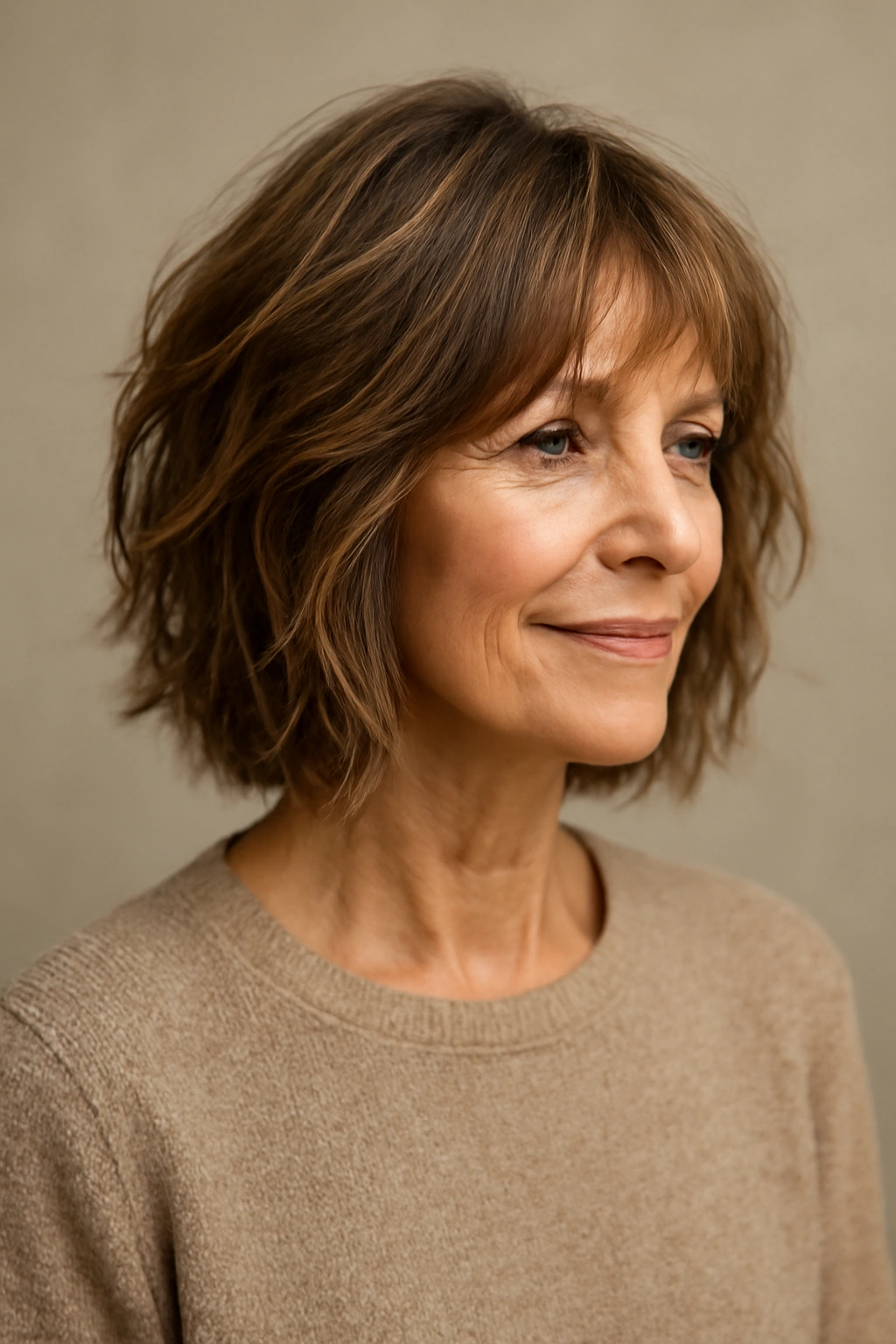 Over-50 woman wearing a textured extended shaggy bob