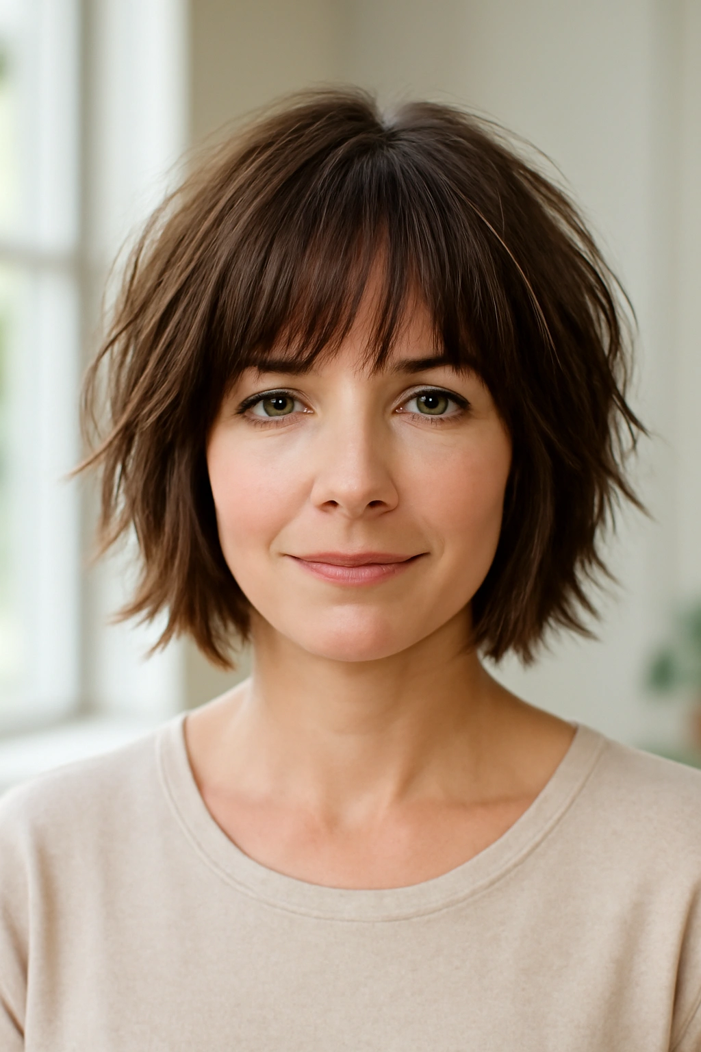 Woman over 40 wearing a textured shaggy bob with wispy fringe bangs