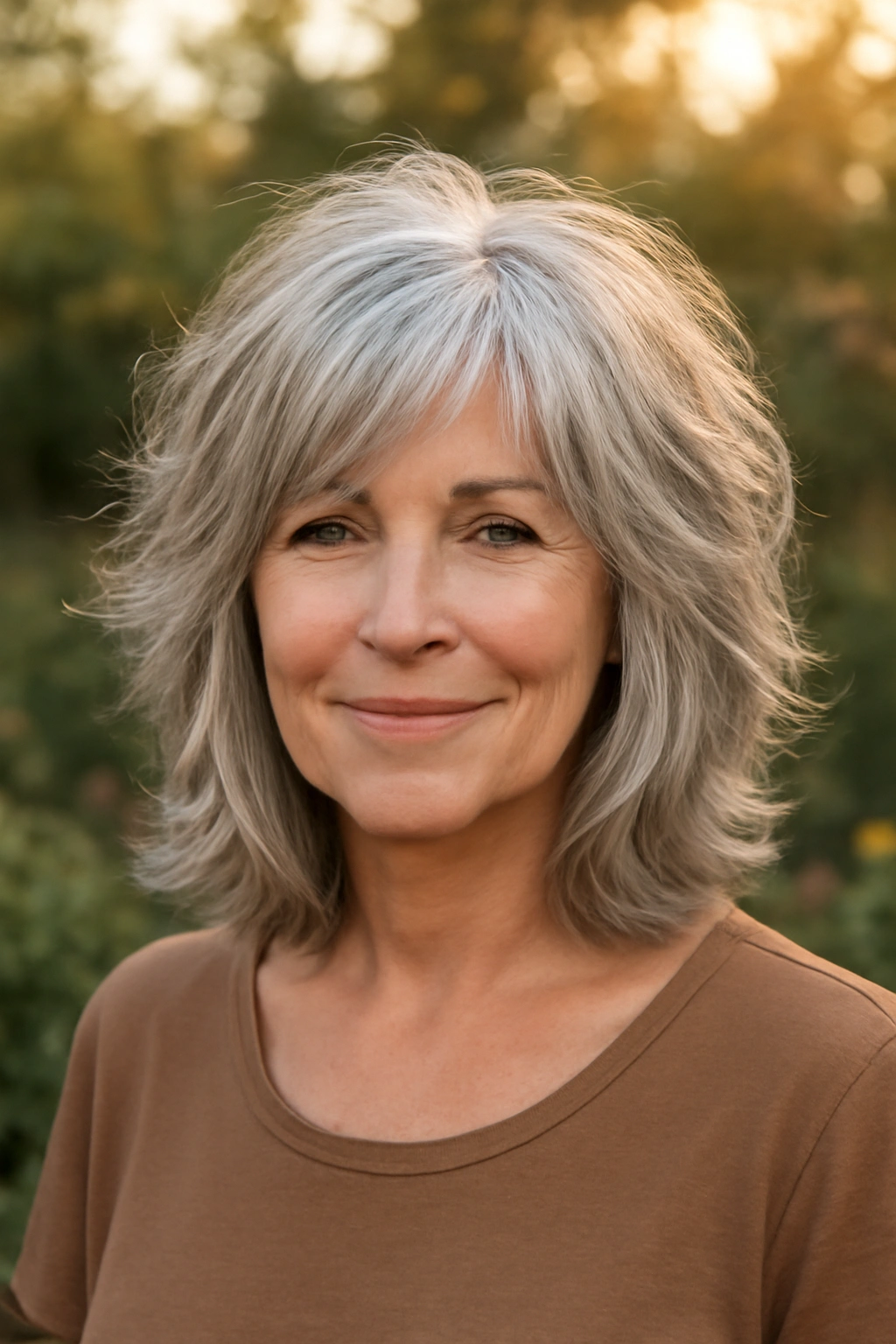 Shoulder-length gray hair with textured shaggy layers on a smiling woman.