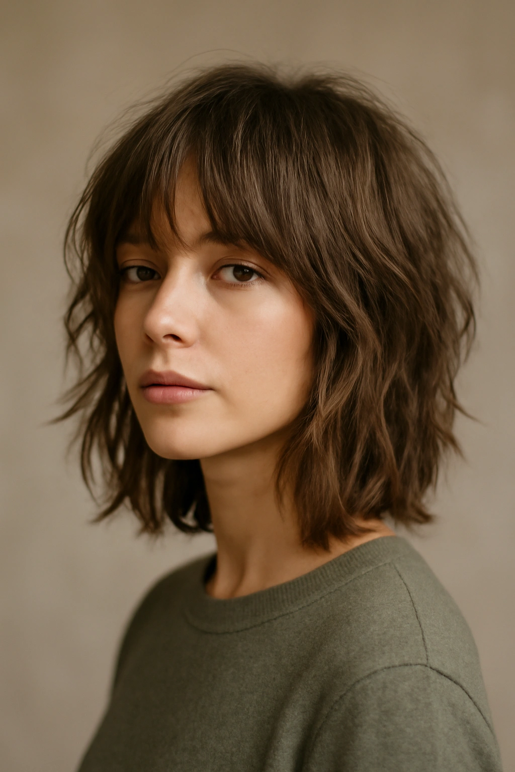 Shaggy lob hairstyle with choppy layers and bangs.