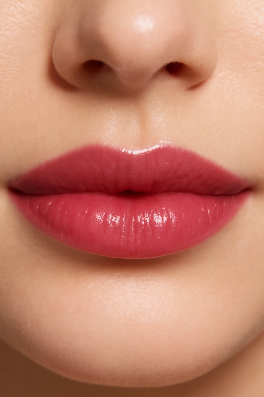 Sheer berry lip stain on natural lips for a subtle flush of color.