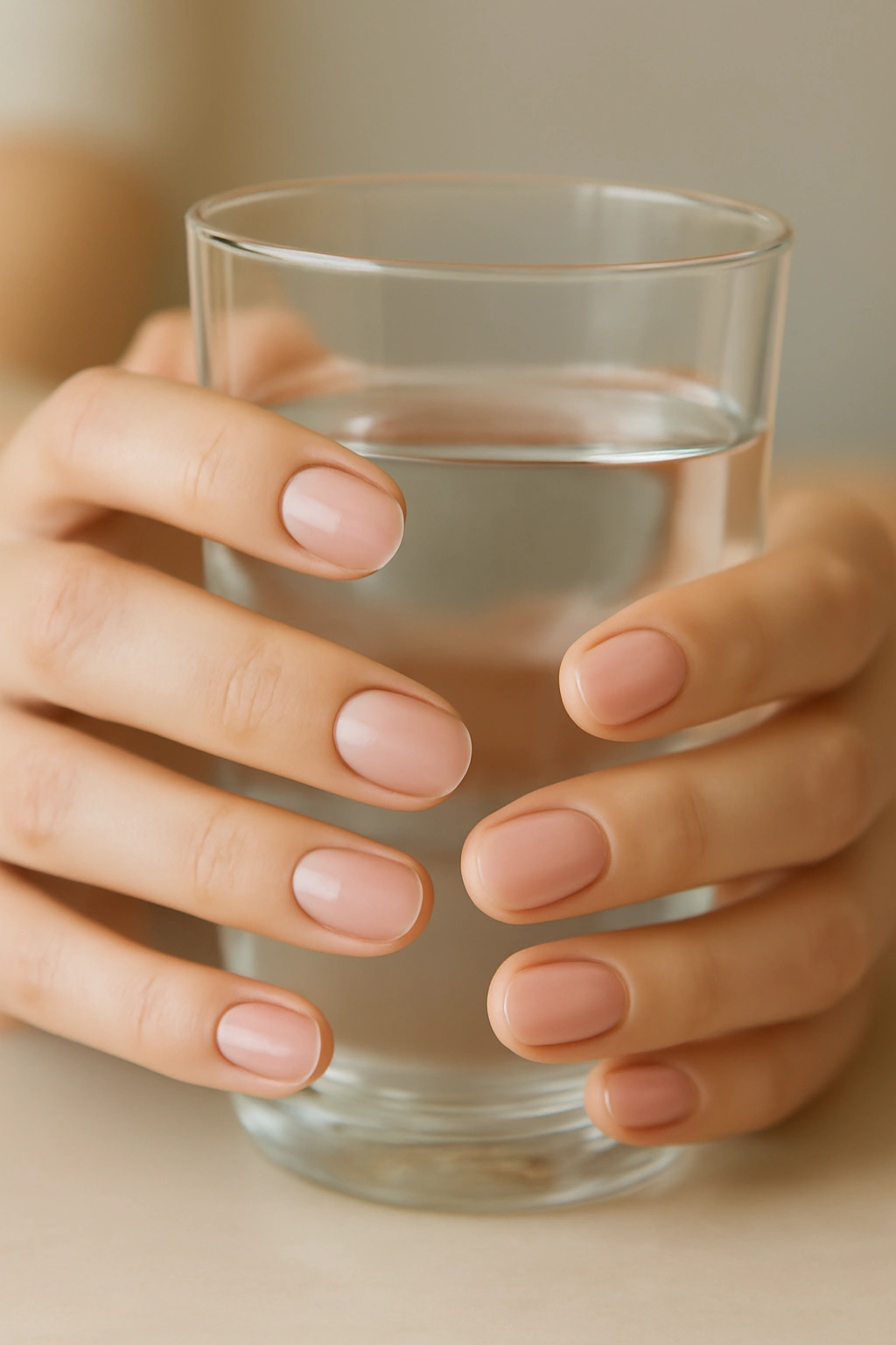 Natural looking nails with a sheer blush tint polish for a healthy appearance.
