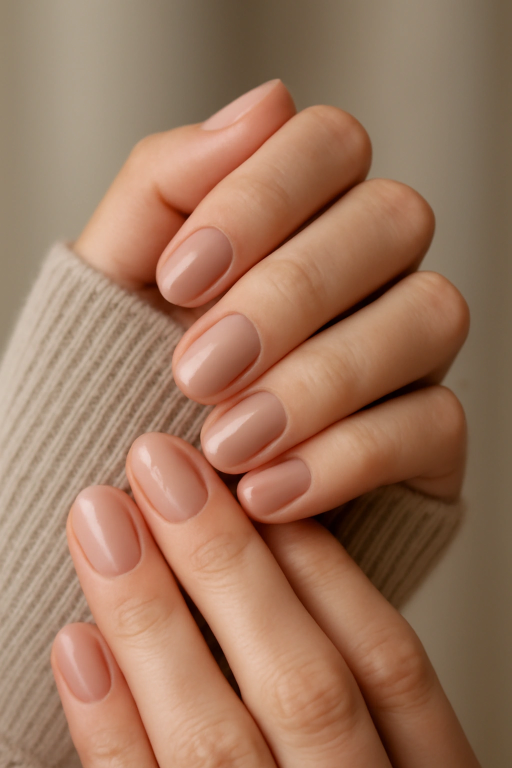 Clean and natural sheer nude manicure on healthy short fingernails.