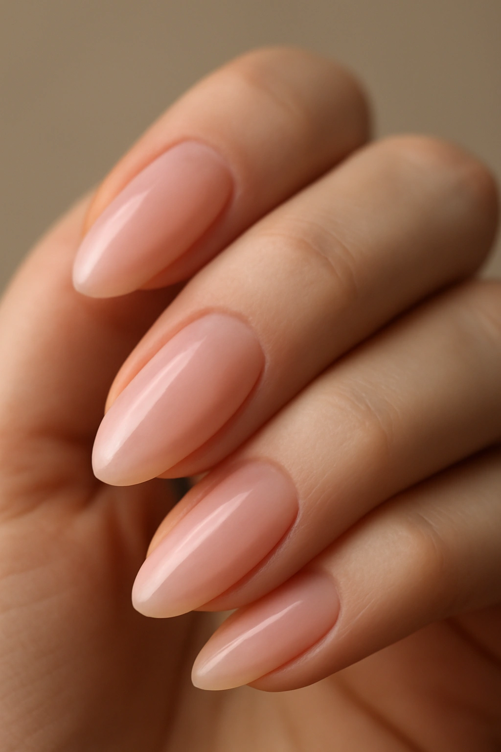 Close-up of sheer pink almond nails on a natural hand with glossy finish